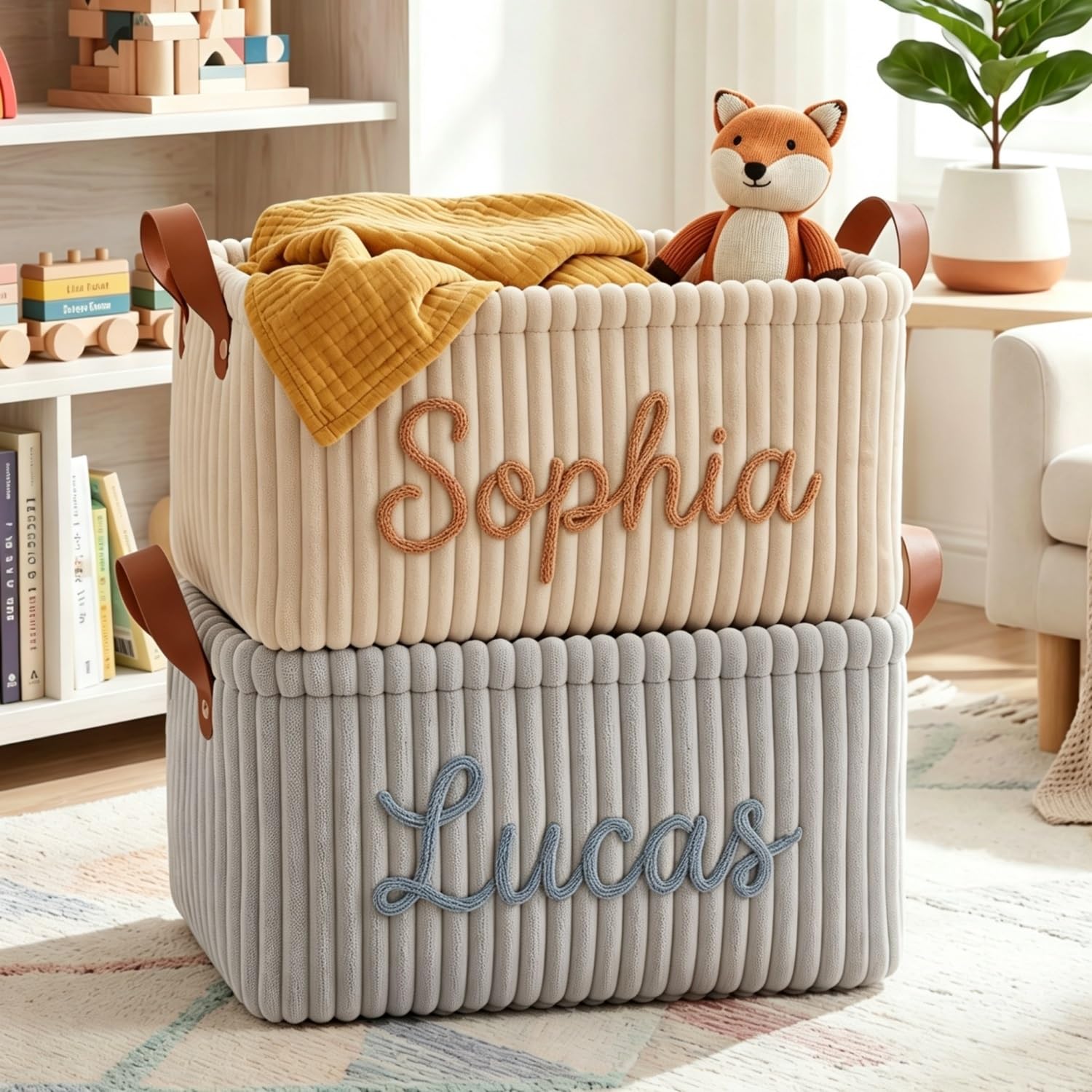 Bfbzyme One Color ﻿Custom Woven Name Corduroy Baby Basket, Personalized Soft Nursery Storage Diaper Caddy Bin, Keepsake Milestone Gift For New Mom Newborn