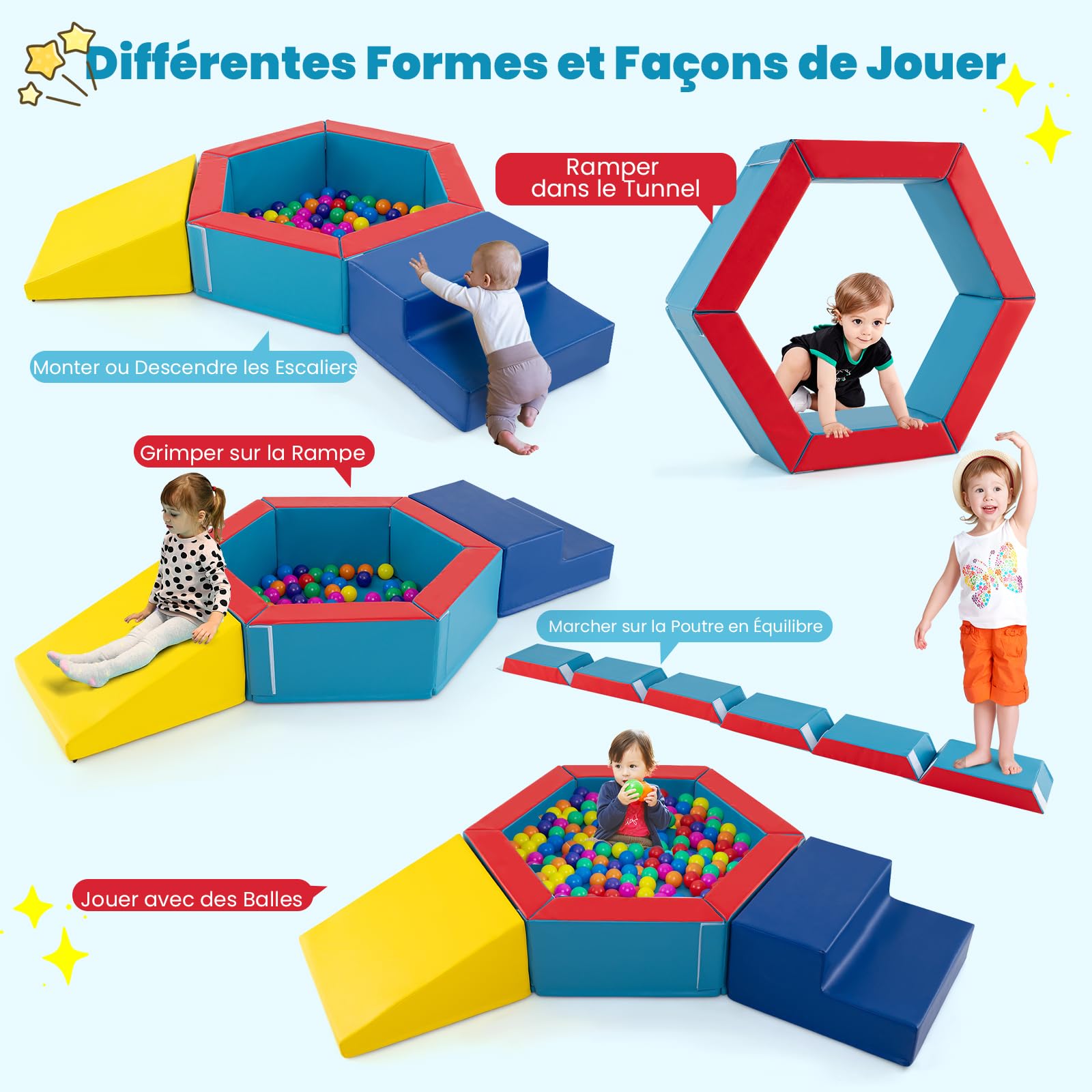 DREAMADE 3 Parcours Motricité Bébé, Blocs de Construction & Piscine à Balles pour Grimper et Ramper avec 100 Balles Océaniques, pour Enfants 1+ Ans