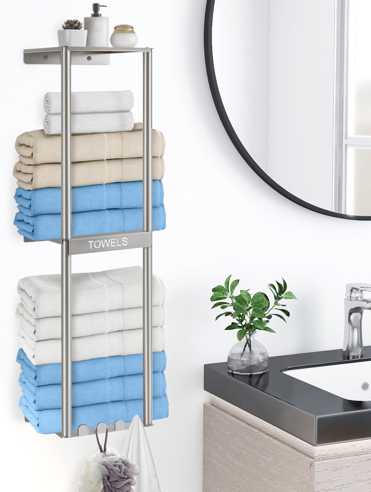JIAPAIDUOBathroom Towel Storage Rack, Wall Towel Rack for Rolled Towels, 3 Tier Towel Holder Shelf with 4 Hooks for Small Bathroom, Brushed Nickel