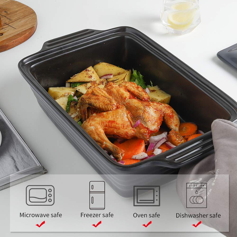 KOOV Keramik-Auflaufform mit Deckel, abgedecktes rechteckiges Set, Lasagnepfanne zum Kochen, Backform für Abendessen, Küche, 22,9 x 33 cm, Reaktive Glasur (Farbverlauf)