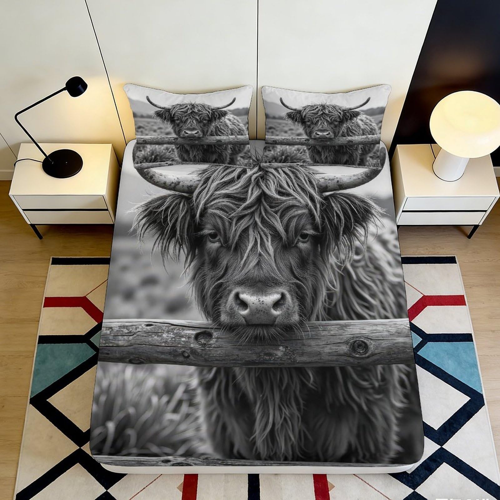 3D Printed Highland Cow Fitted Sheet Microfiber Soft Breathable Pasture Bed Cover for Bedroom Guest Room Decor 90x200x25cm