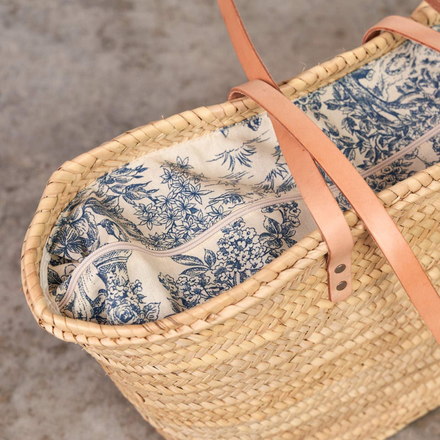 Cesteria Aparici Capazo de Palma con Asas Bandolera, Bolso Pequeño con Cierre de Tela, 38x20x22 cm, Azul, 5340-6 Tela Azul Estampado