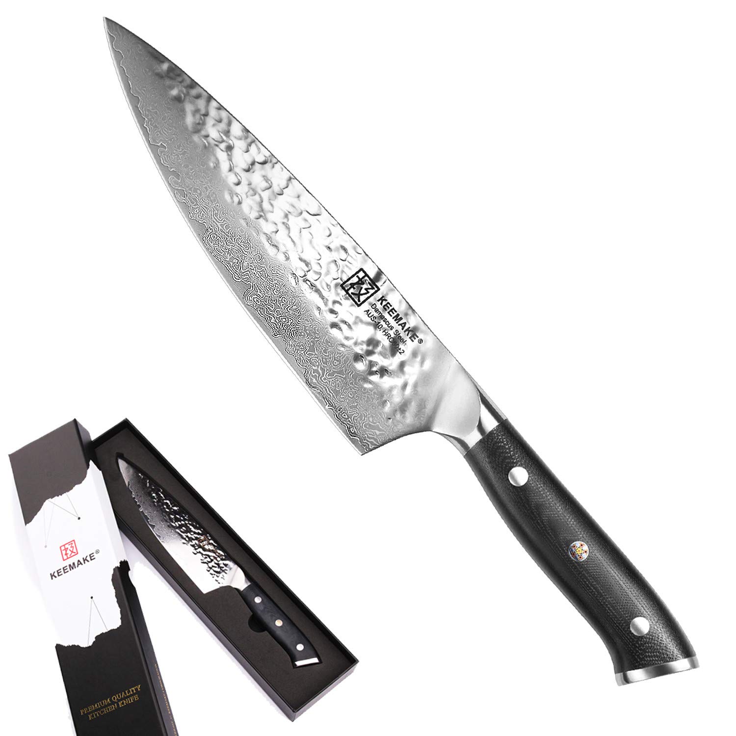 Damascus Chef Knife - KEEMAKE Pro Kitchen Knives 8 Inch Japanese AUS-10 High Carbon Stainless Steel 67 Layer Damascus Deba Chefs Knife with G10 Ergonomic Handle - Razor Sharp -Hammered Finish