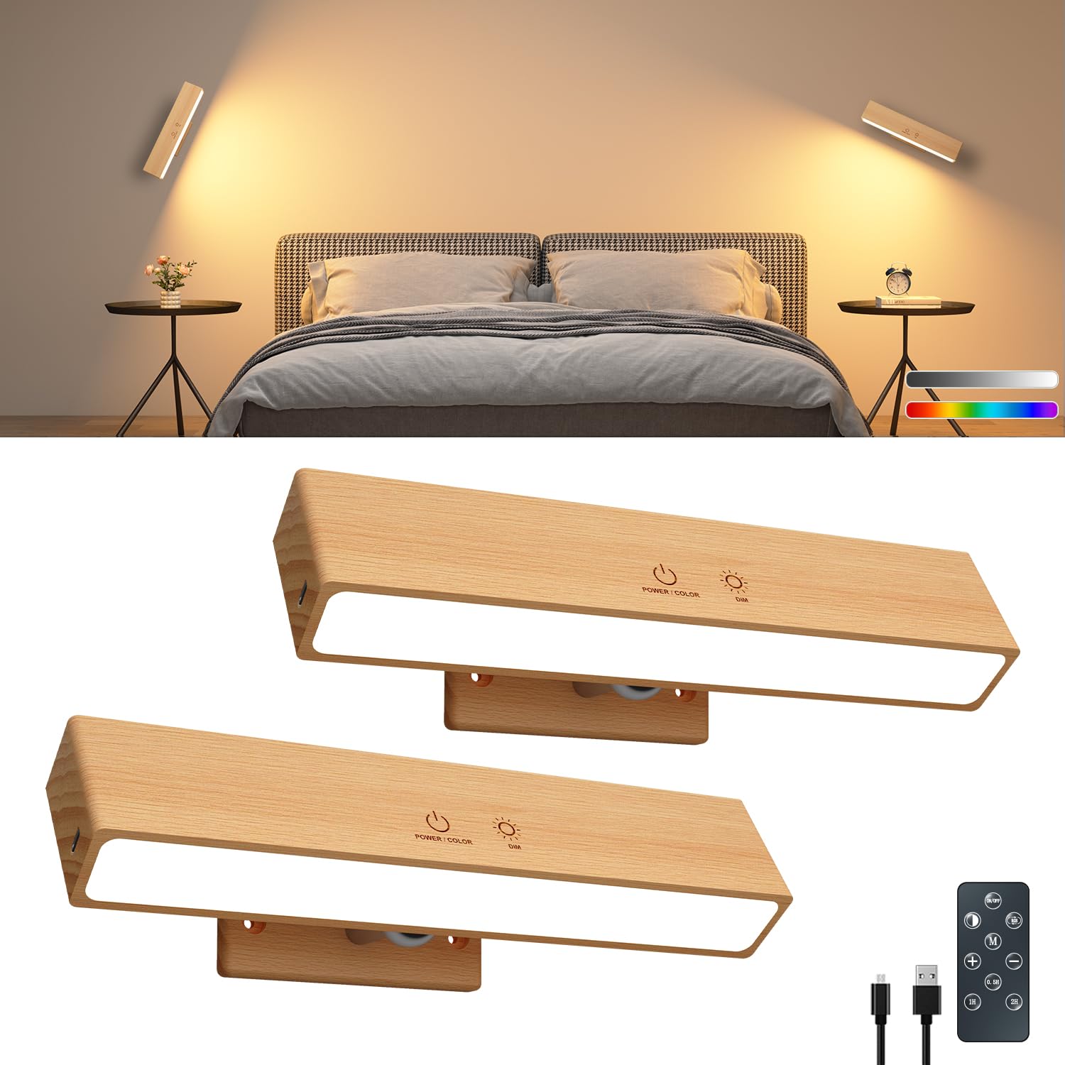 Lampe Murale sans Fil avec Télécommande Tactile, USB Rechargeable, 3 Températures & RGB, Intensité Variable, Rotative 360°, 2 PCS