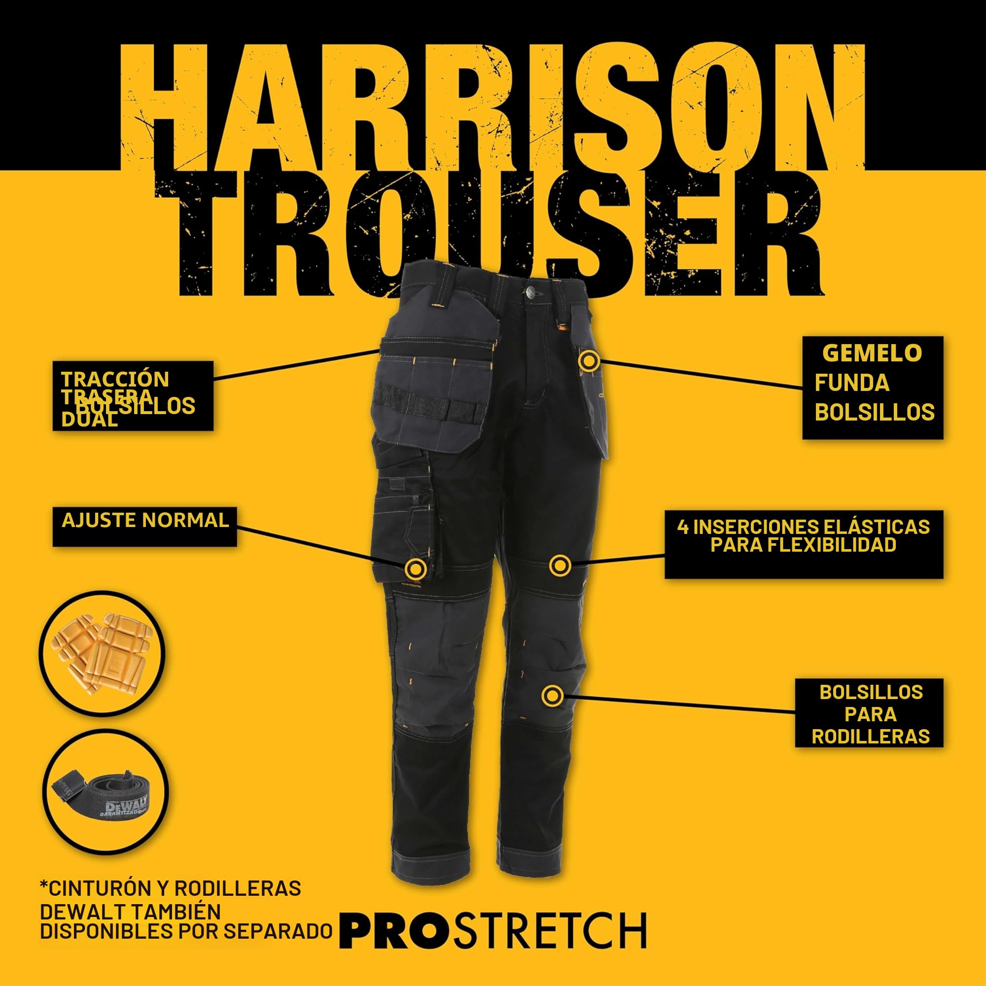 DeWalt Dewharr3631-tb Harrison Pro-Pantalones elásticos para Cintura 36, Pierna 31 Pulgadas, Black/Grey Regular, 36W / 31L para Hombre