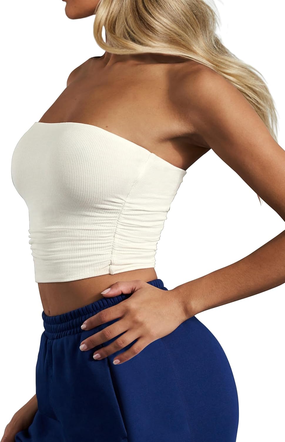 CSDAJIO Women's Casual Ruched Side Strapless Crop Tube Top Ribbed Knit Bandeau Top Summer Skinny Shirt - Image 3