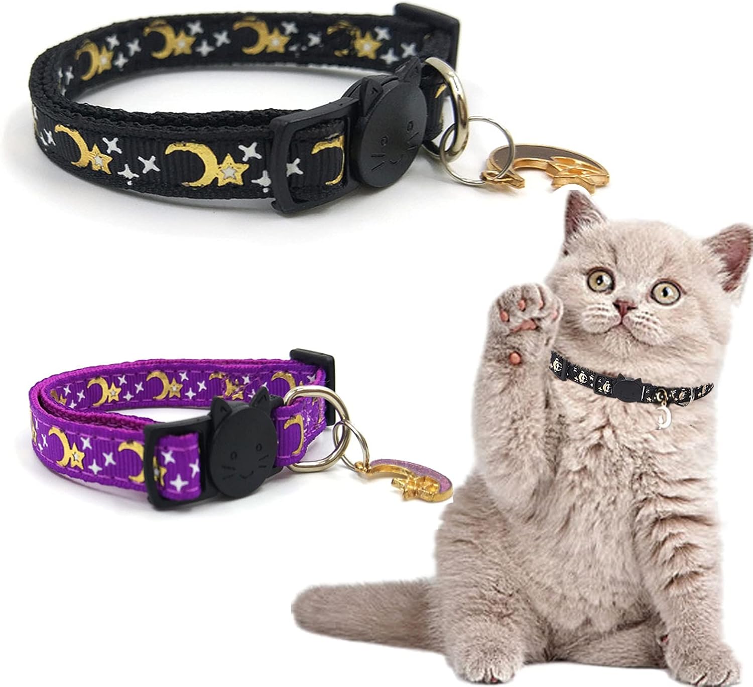2PCS Adjustable Cats Collars with Bell Moons Stars, Safety Breakaway