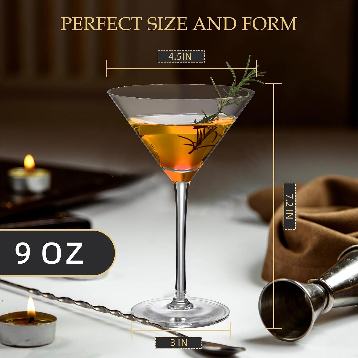 Martini Glasses Set of 4-9oz,Classic Martini Glass with Long Stem, Modern Cocktail Glassware by Hand Blown Premium Crystal Glass for Cockails, Party, Christmas