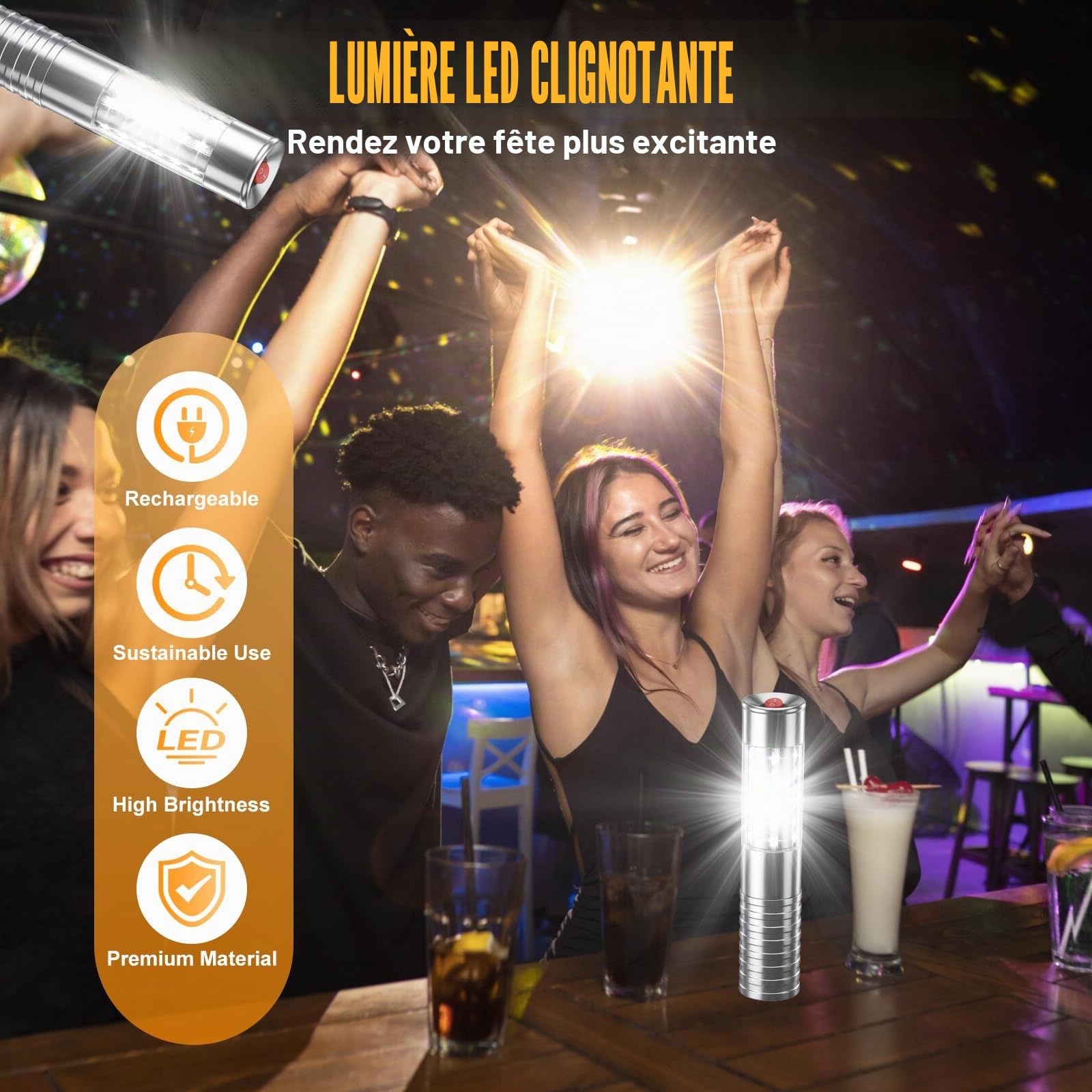 Baton Lumineux LED Lampe Stroboscopique Rechargeable 4Pcs pour Discothèque Karaoké Fête Argent