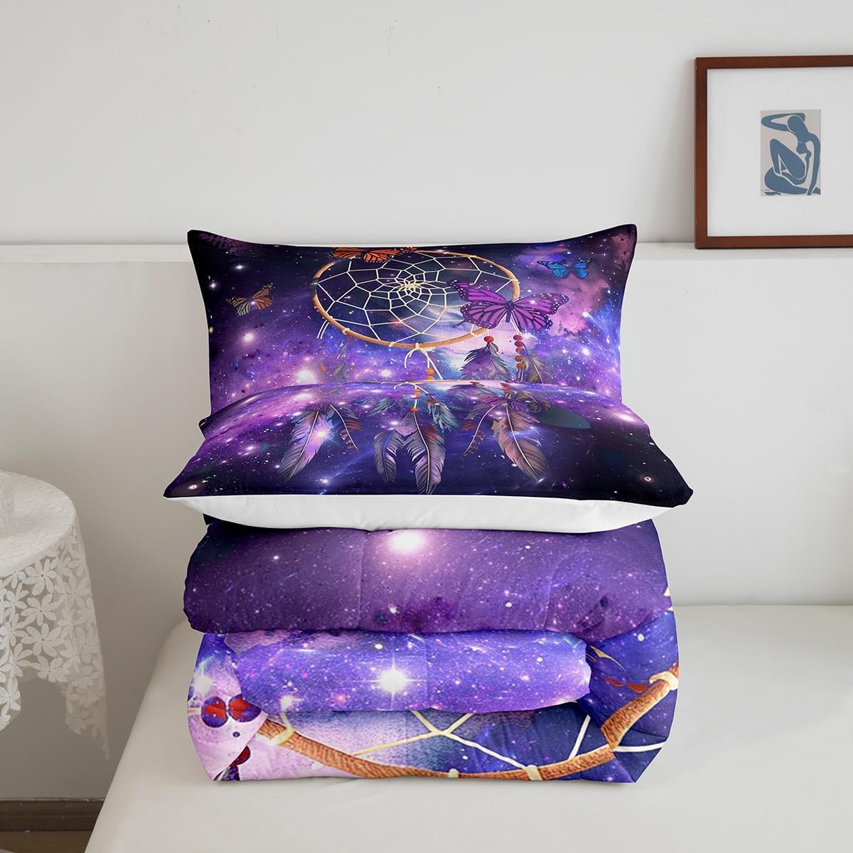 Castle Fairy Dreamcatcher Comforter Set Adult,Starry Galaxy Dreaming Universe Light-Weight Microfiber Bedding Decor,Tribal Dream Catcher Feather Bedroom Decor Comforter,Queen Size with 2 Pillowcase