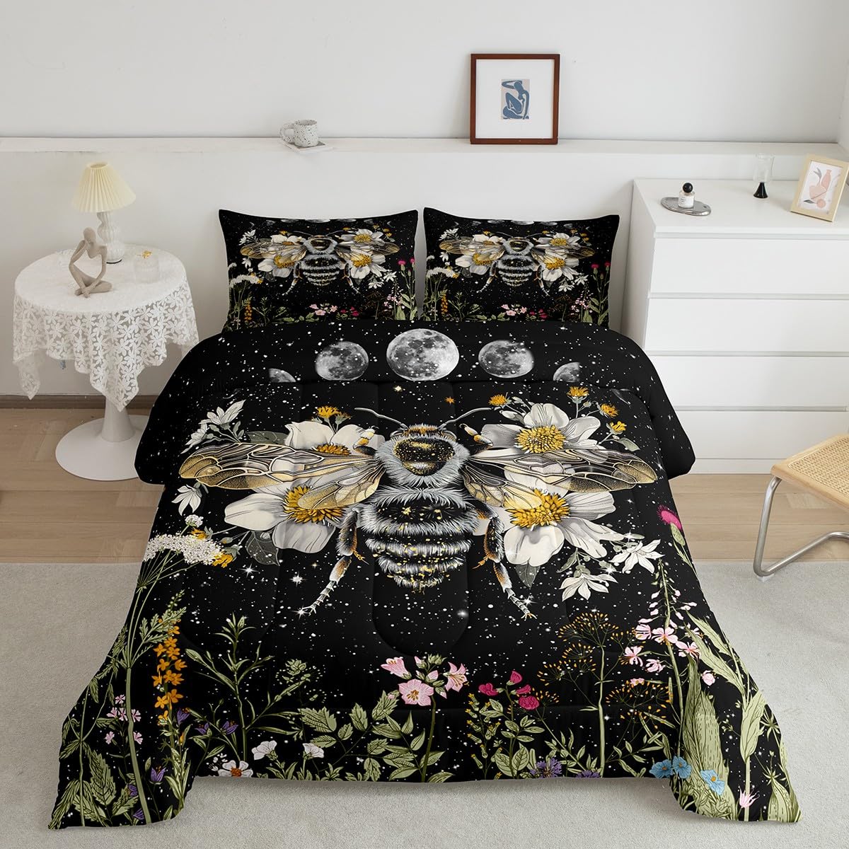 Wildflower Bee Bedding Set for Boys Girl Full,Moon Phase Botanical Honeybee Kids Inner Fill Comforter Vintage Plant Nature Blossom Leaf Floral Garden Leaves Comforter Set,Bohemian Quilt Set Decor