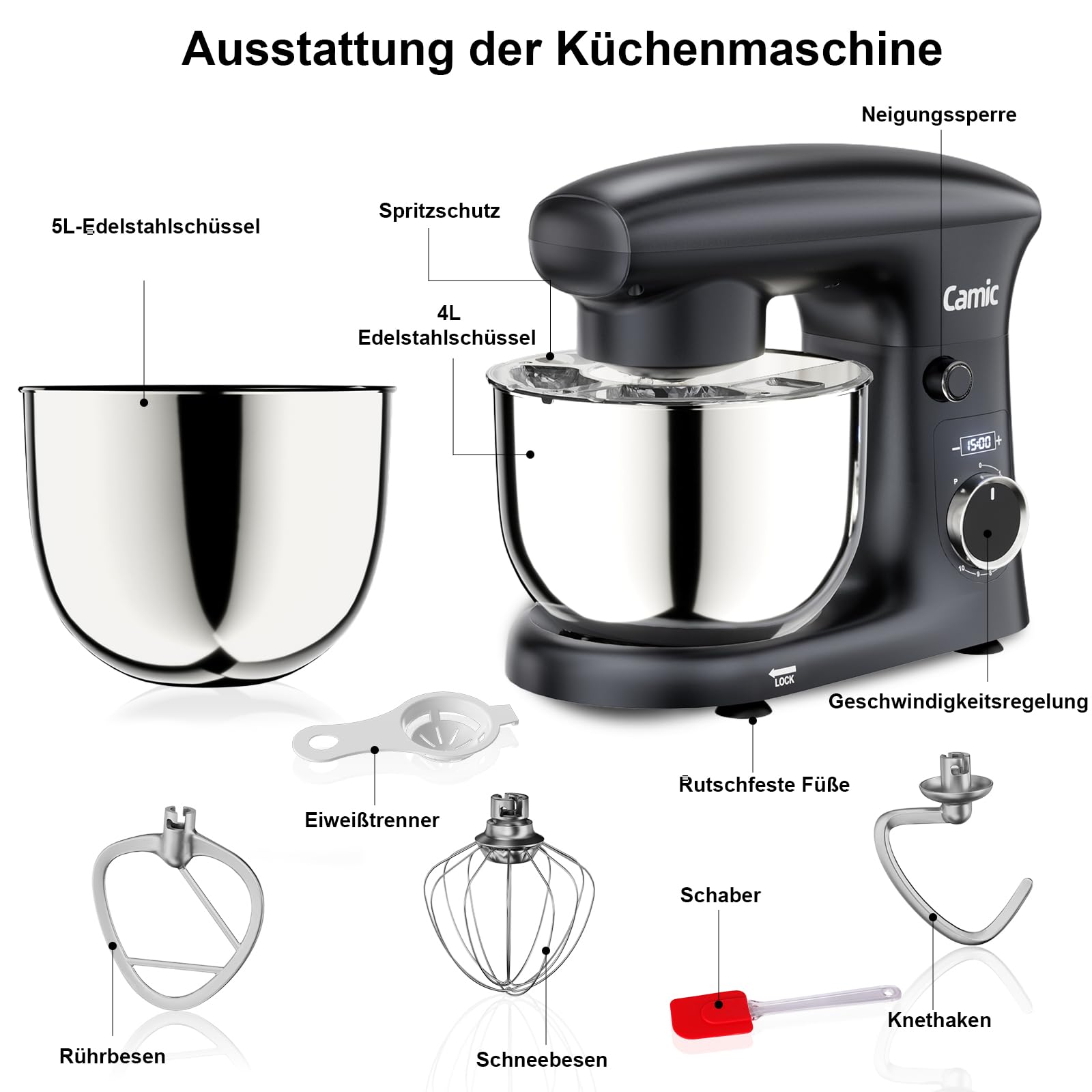 Camic Küchenmaschine mit LED-Display, Zeit Einstellen, Knetmaschine mit Rührhaken, Knethaken, Schlagbesen, 10 Stufen, 2 Edelstahlschüsseln 4L+5L, für Teig, Brot, Pizza, Kuchen