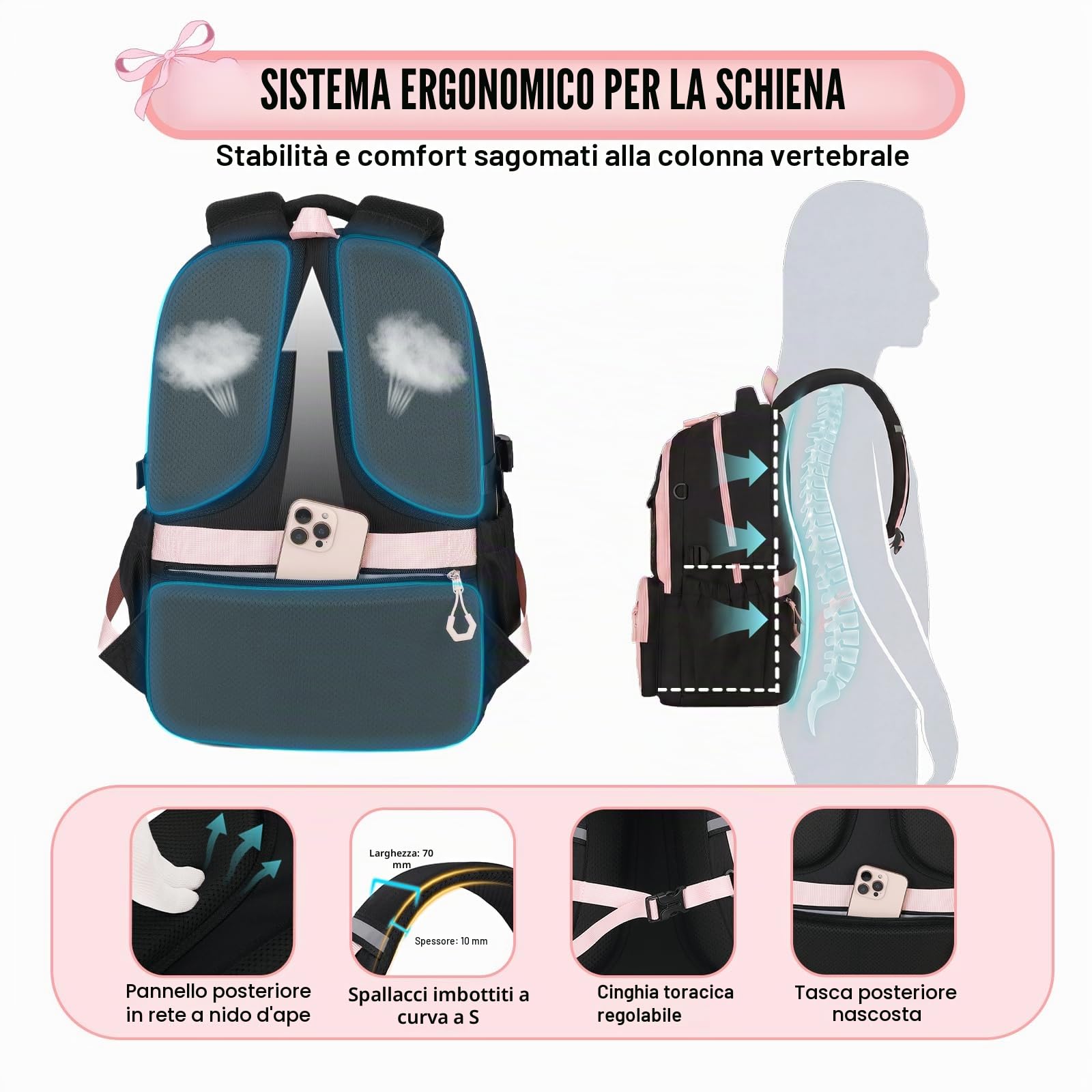 Amythe Zaino per Ragazze Scuola Elementare e Media, Zaino Scuola con Schienale Ergonomico, Zaini Elementari Impermeabile Leggero per Bambina 7-13 Anni, Adatto per Carrello -Rosa