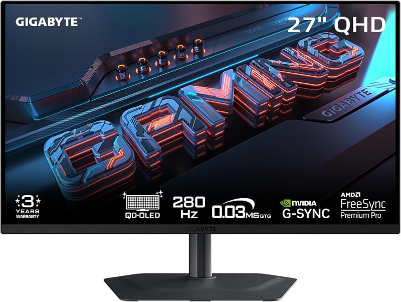 MO27Q2A 27" QD-OLED QHD AMD Freesync Premium Pro Gaming Monitor | Black, QHD 2560x1440, 280Hz, 0.03ms GTG, G-SYNC Compatible, HDMI2.1, DP1.4, Type-C, KVM, Height and Tilt Adjustable