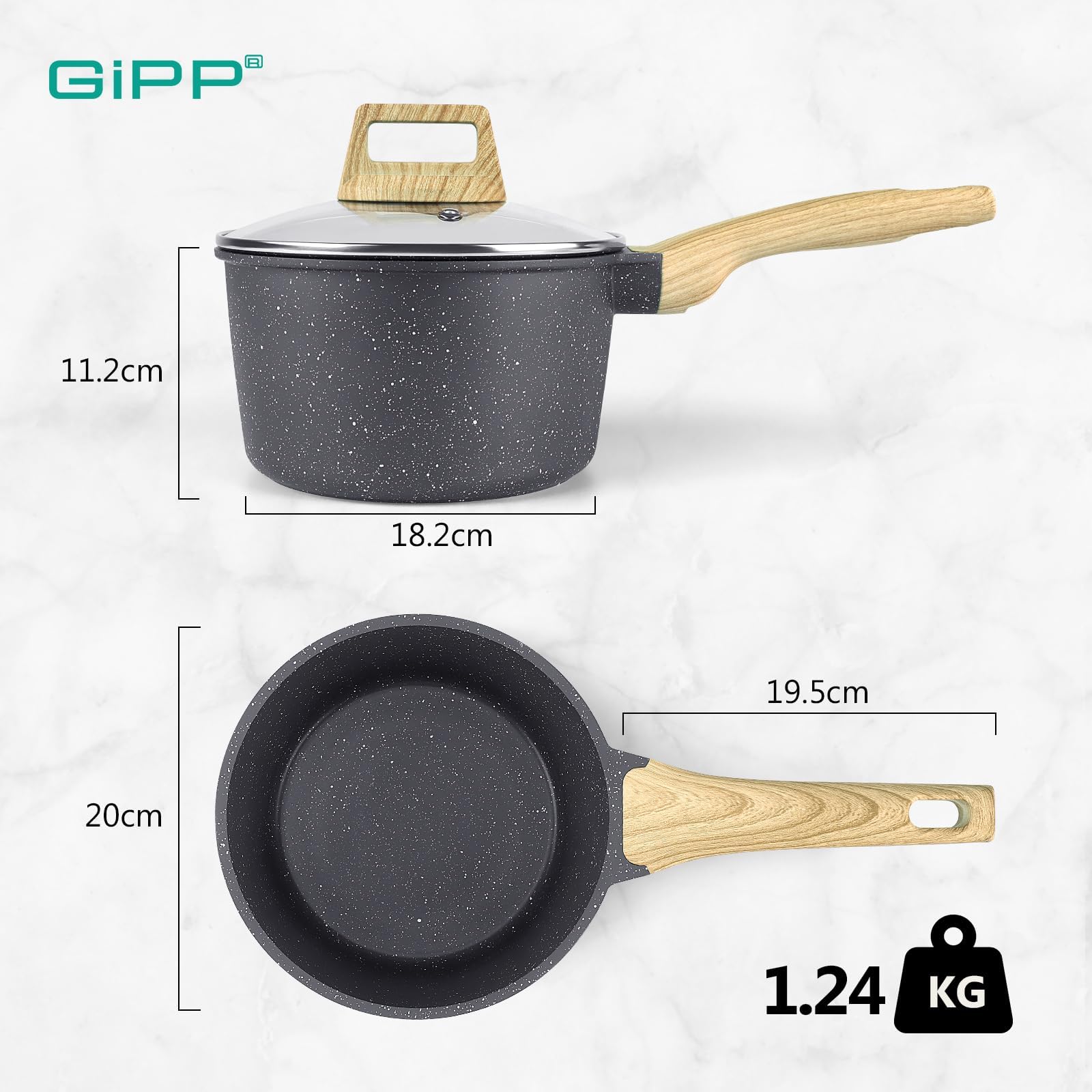 GiPP Casseruola da 20 cm, piccola casseruola a induzione, con coperchio, rivestimento antiaderente in granito, manico in legno, pentola da 3.6L, per induzione, senza PFOA (grigio, 20cm)