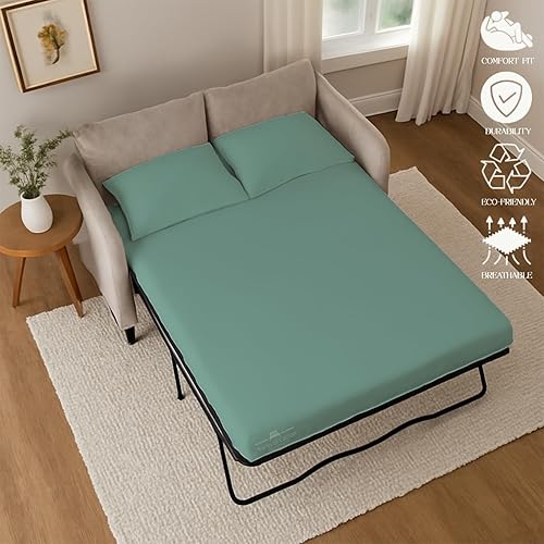 Miniatura 33 de Juego de 4 piezas para sofá cama, 100% algodón de 400 hilos, sábana bajera con bolsillos profundos, suave, sin arrugas y transpirable, calidad
