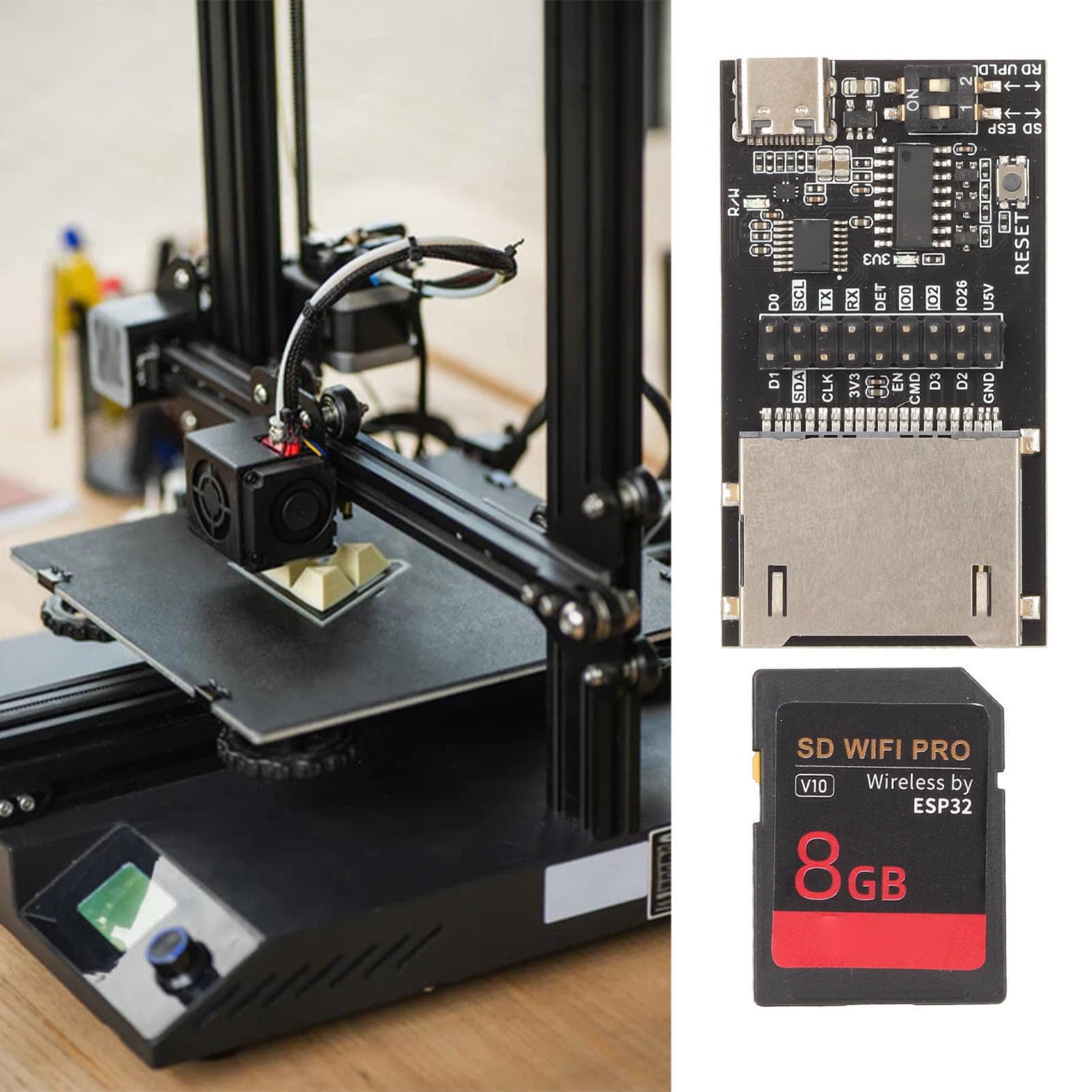 ciciglow SD WiFi PRO-Übertragungsmodul, ESP32-Chip 8 GB Hochgeschwindigkeitsspeicher Drahtloses Cloud-Übertragungsmodul Eingebauter USB-C-Anschluss für Prus für MK3S + Vorn 3D-Druckerteile