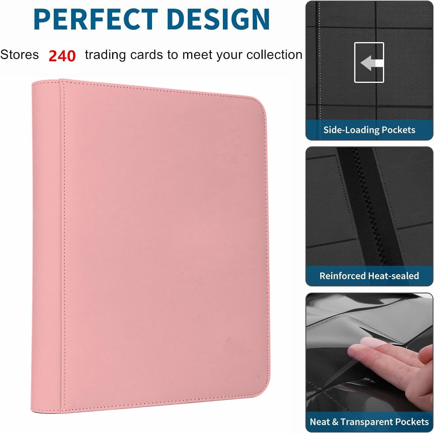 Trading Card Binder 4 Pocket, 240 Pockets Ringless PU Cover Card Collection Binder, Double Sided Card Binder Collector Album, Card Folder for MTG, TCG, Sports Cards, Game Card (Pink, 4Pockets)