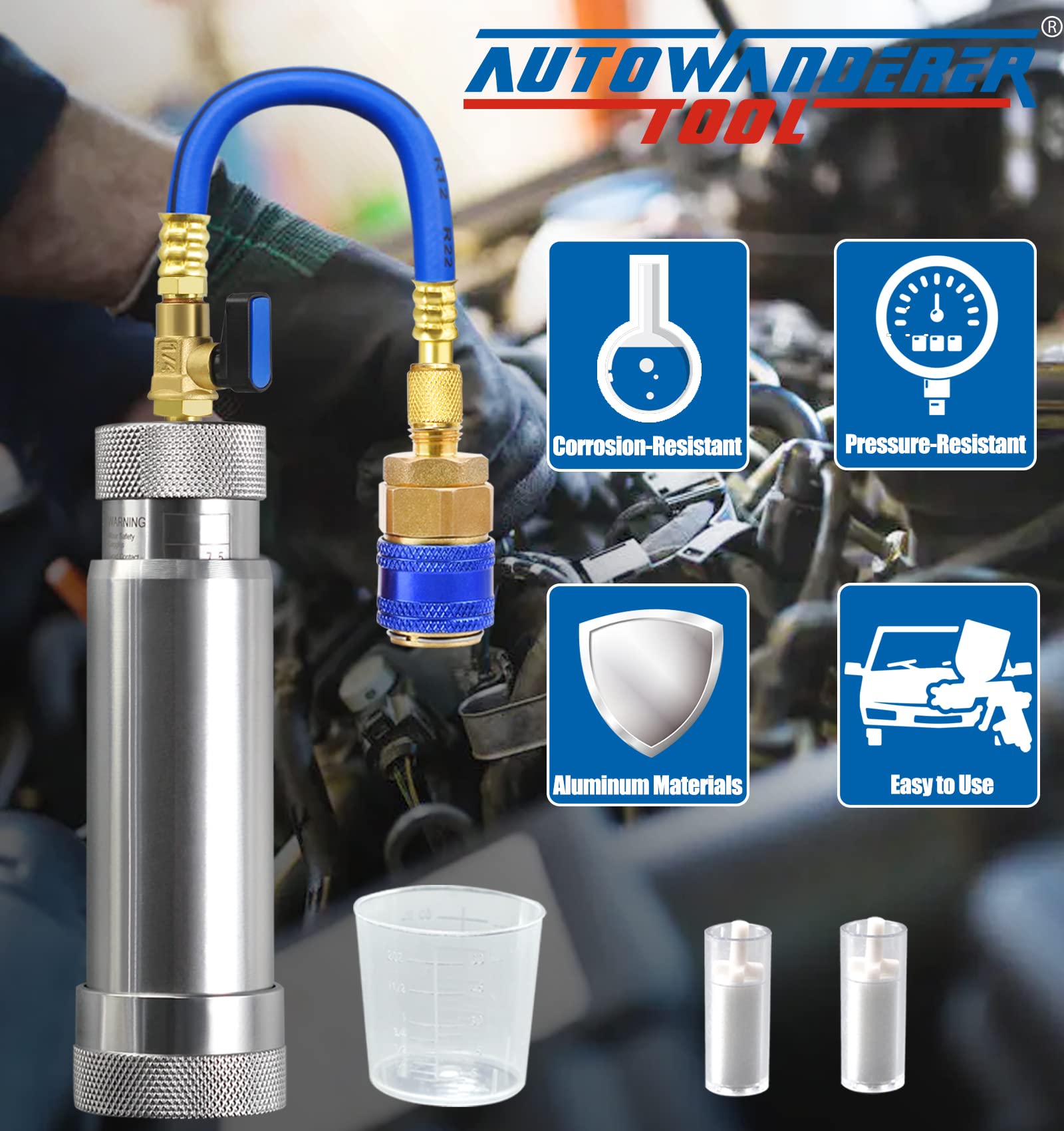 AutoWanderer Tool AC Oil Dye Injector Kit for R134a Refrigerant System with 1/4" SAE Connector and Snap Quick Coupler 2 Oil Checkers 2oz Measuring Cup
