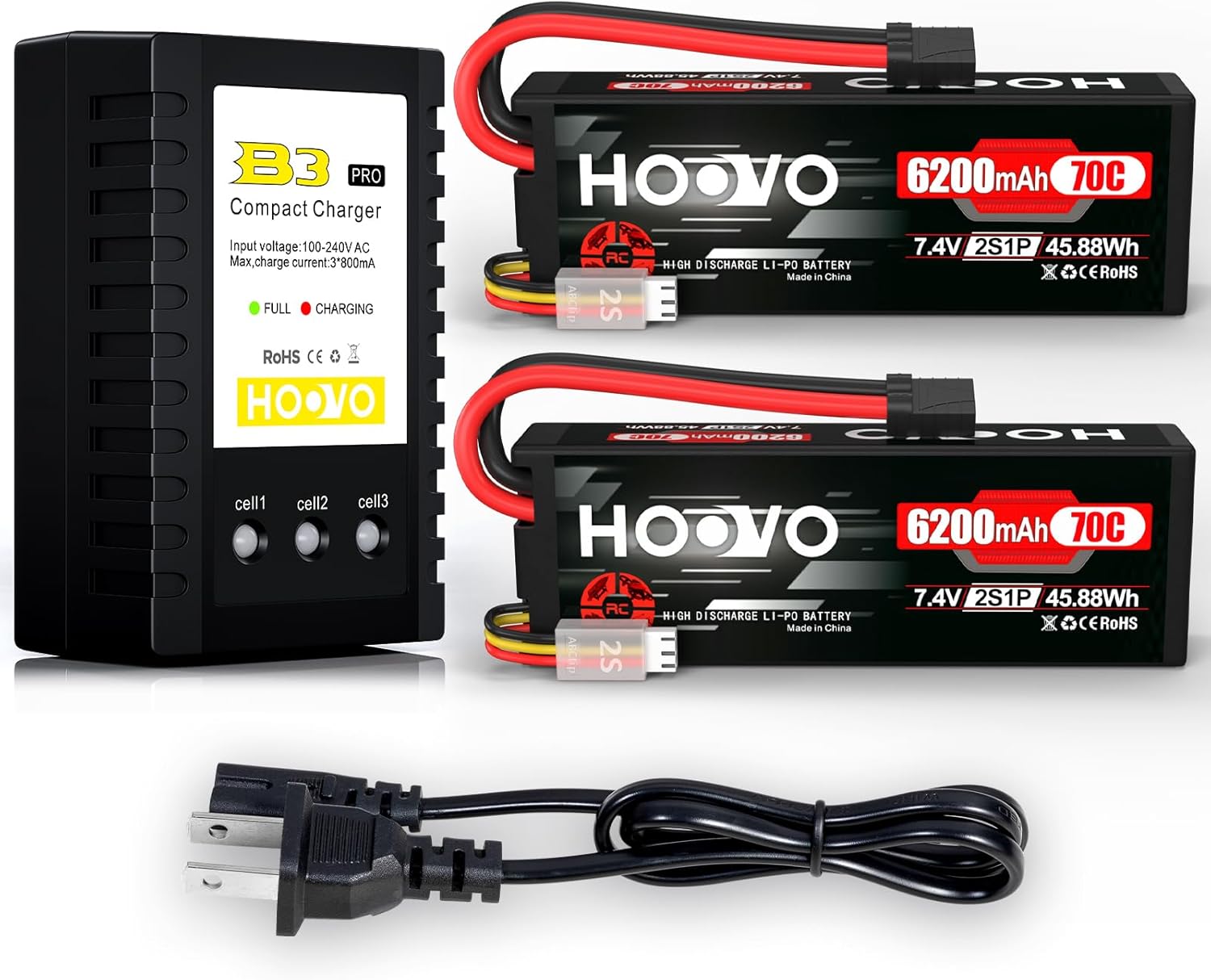 HOOVO 7.4V 70C 6200mAh 2S Lipo Battery Hard Case with Tracxas Plug for RC Car 2Pack Lipo Battery Charger 2S-3S Balance Charger