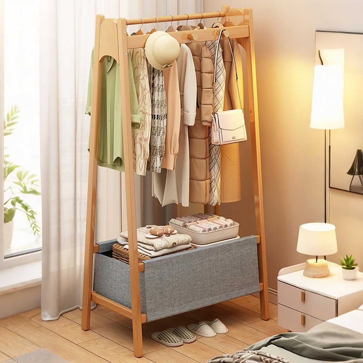 Natural Bamboo Coat Rack Stand Floor Standing Cloak Rack Simple Modern Clothes Rack Storage Basket Shelf Hanging Rail with Hooks for Hallway Entryway Bedroom Bathroom Office