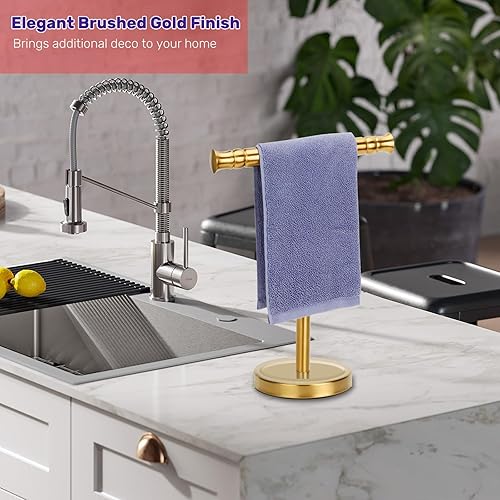 Miniatura 2 de Sfemn Soporte de toalla de mano dorado para encimera de tocador de baño SUS304 acero inoxidable en forma de T, toallero de pie para baño, cocina
