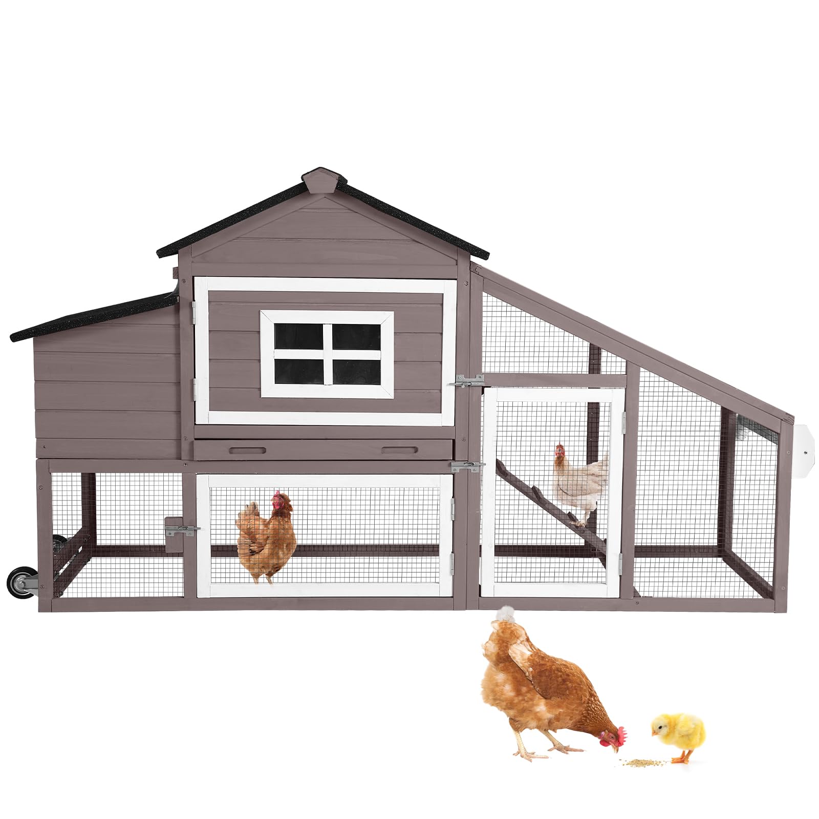 Chicken Coop for 4 Chickens, Mobile Chicken House with with Wheels, Outdoor Hen House Poultry Cage with Nesting Box, Leakproof Pull Out Tray and