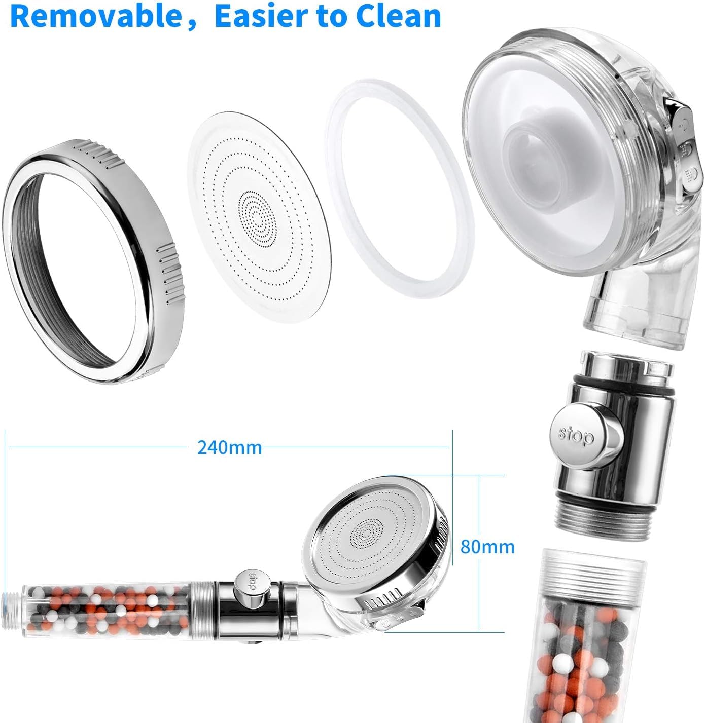 Omasi Shower Head with Stop Key 3 Modes Adjustable High Pressure Water Saving Handheld Shower Head, Abs - Image 4