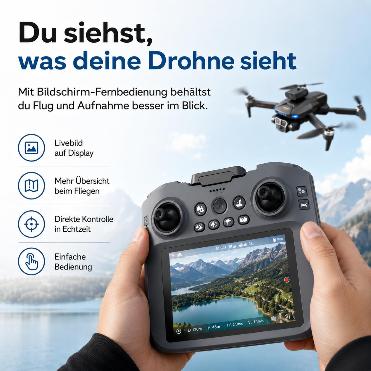 GPS Drohne mit Kamera 1080P Full HD, Faltbare Mini RC Quadrocopter mit Bildschirm-Fernbedienung, Auto Return, Headless Mode, 6-Achsen-Gyro, Anfänger Drohne ab 14 Jahren (Schwarz, Akkus: 2 St.)