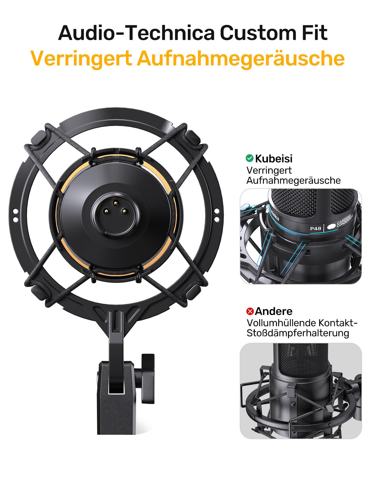 AT2020 Mikrofonspinne, Kompatibel mit Audio-Technica AT2020USB+, AT2035 & ATR2050, Mikrofon-Stoßdämpferhalterung mit 5/8" und 3/8" Adapter