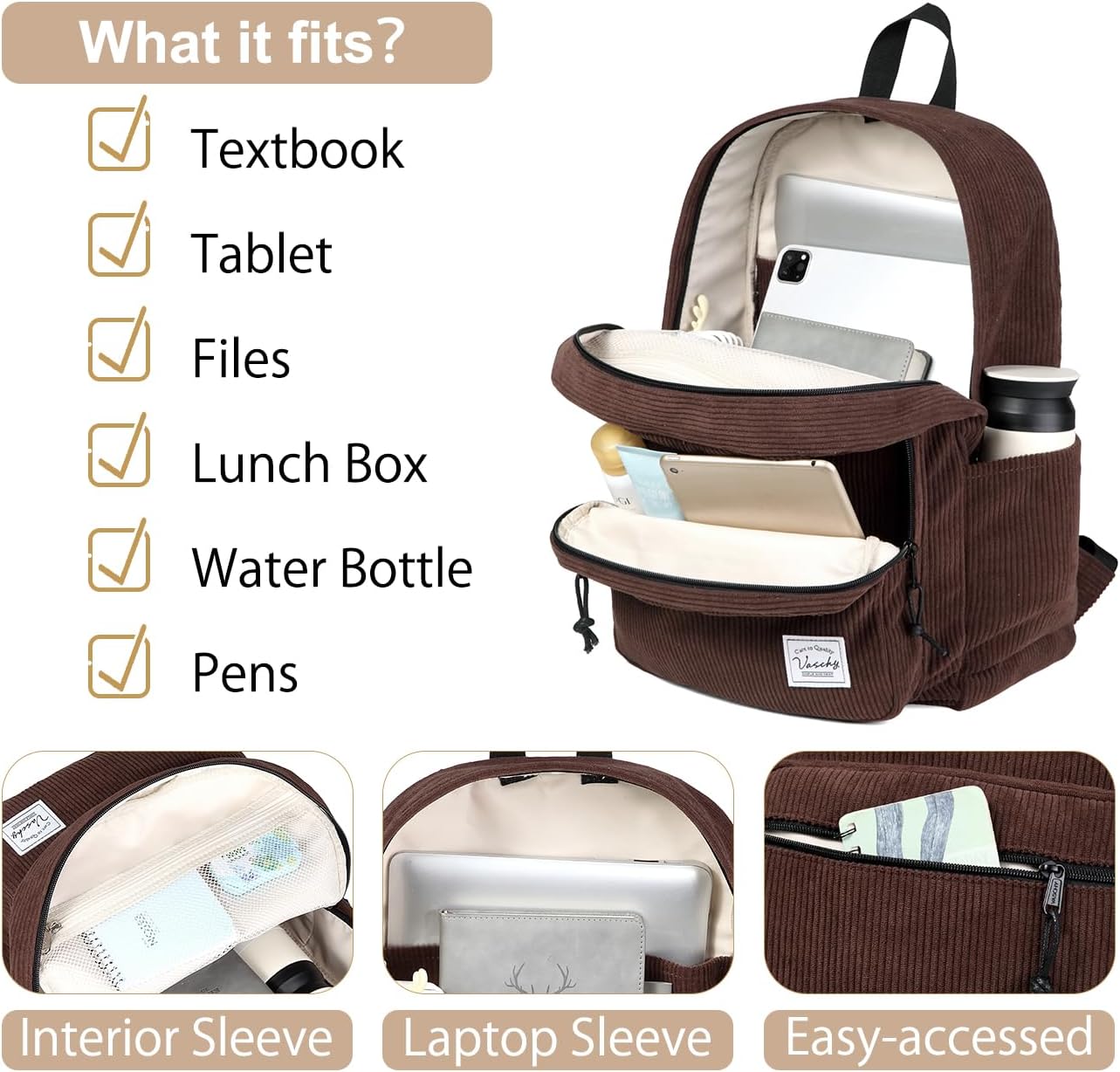 VASCHY Corduroy Travel Backpack, Vintage Casual Kawaii Cute Aesthetic Fuzzy Fluffy Plush Fleece Rucksack Daypack for School Teens/Man/Women Brown - Image 4