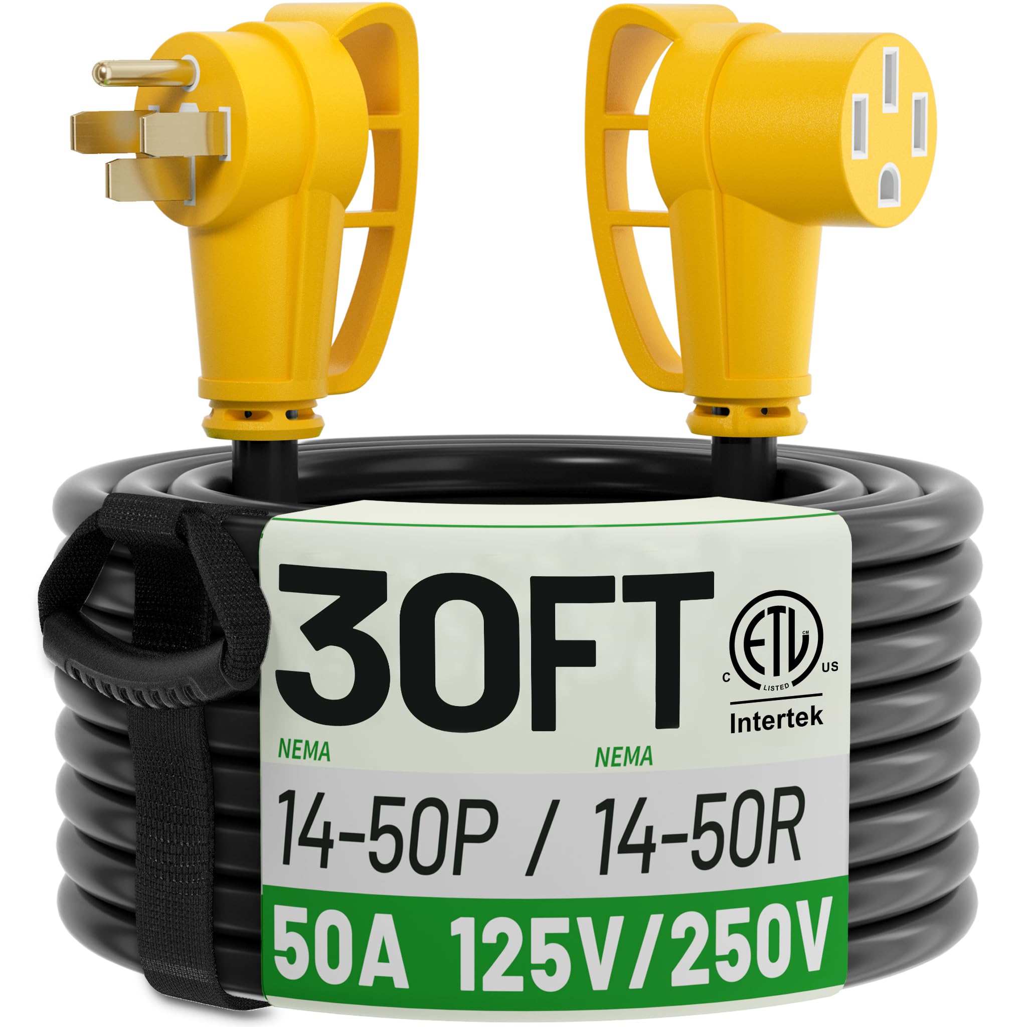 POWGRN Cable de extensión RV/EV de 50 amperios de 30 pies para exteriores con mango de agarre, cable de alimentación flexible resistente calibre 6/3+8/1, STW de 4 clavijas, resistente al agua con