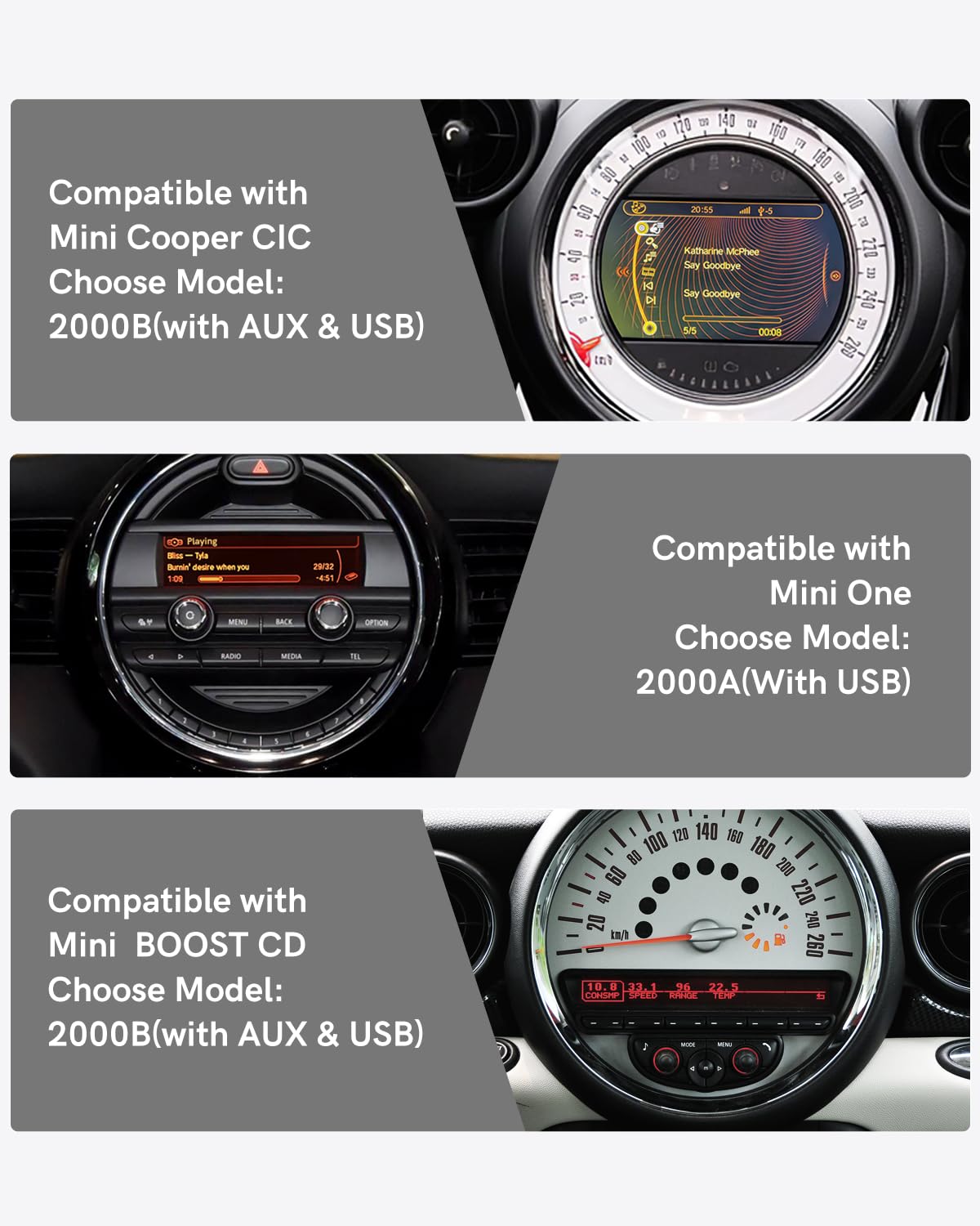 Adattatore Bluetooth per auto per BMW Mini CIC con Boost CD Sistema- Cavo USB e AUX Connettività, trasmettitore Bluetooth compatibile con iOS/Android