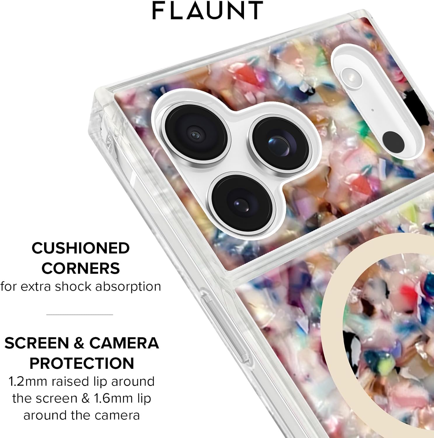 Flaunt Official Square Protective Case - Compatible with iPhone 17 Pro Max - Compatible with MagSafe & Wireless Charging - Drop-Tested & Shockproof - (Rainbow Confetti Tortoise Shell)