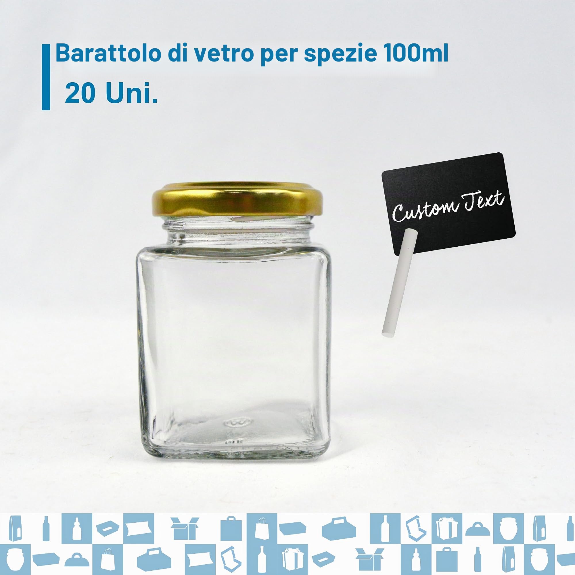 Espirito Rebelde 20 vasetti di vetro quadrato per spezie, 100 ml, con coperchio + 20 ardesie + gesso, barattoli portaoggetti da cucina, spezie, marmellata, yogurt