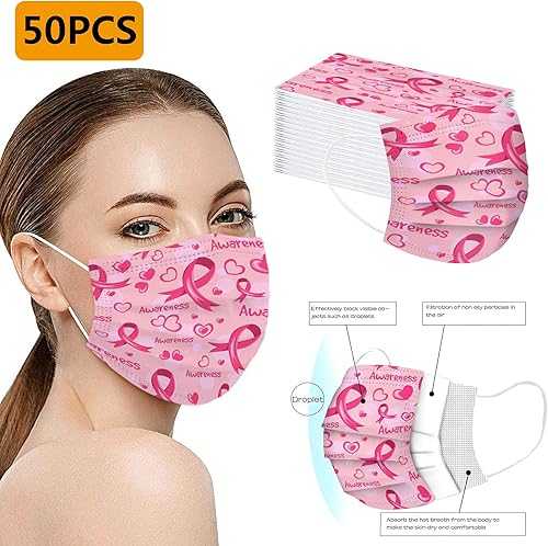Miniatura 2 de Paquete de 50 mascarillas desechables para concientización del cáncer de mama, máscaras de cinta rosa para mujeres y adultos, protección facial de 3