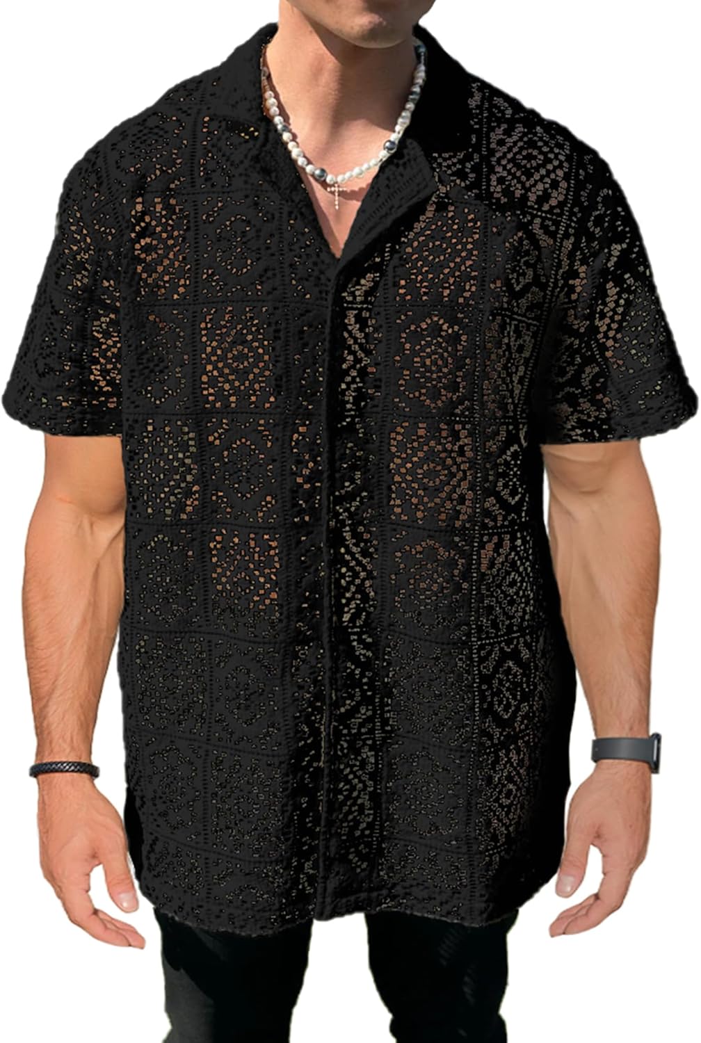PLEPAN Mens Lace Shirt Floral Hollow Out See Through Casual Short Sleeve Button Down Hawaiian Vacation Shirts Summer Beach