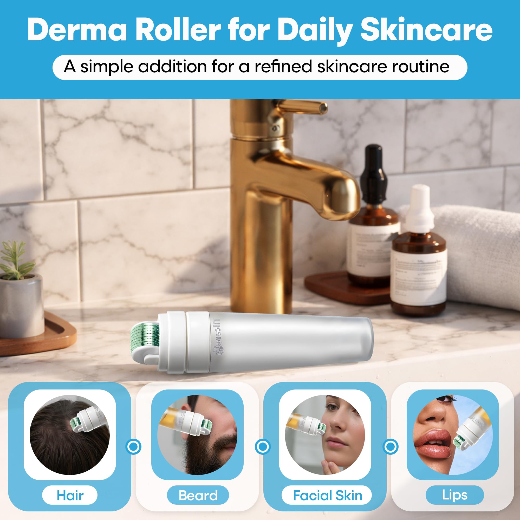 Derma Roller para Rostro, Cuero Cabelludo y Barba con Aplicador de Suero – Rodillo Capilar para el Cabello de 0,25 mm, Rodillo Capilar de Microneedling para Uso en Casa - Kit de Microneedling