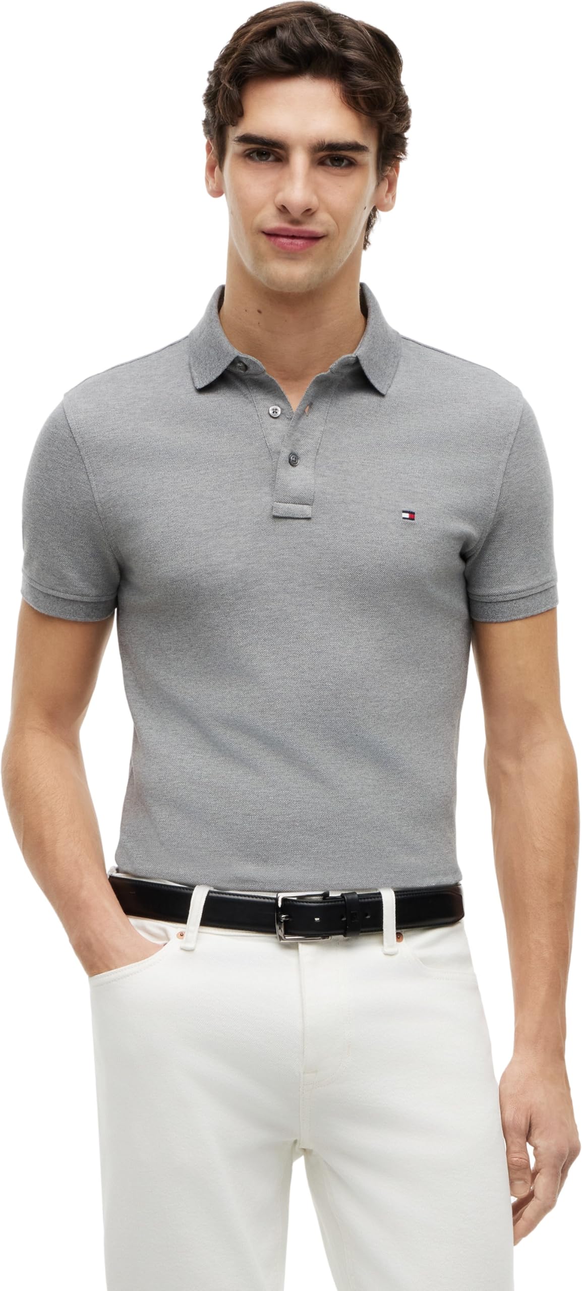 Tommy Hilfiger Men’s Short Sleeve 1985 Slim Fit Polo Shirt, Grey (Medium Grey Heather), XL