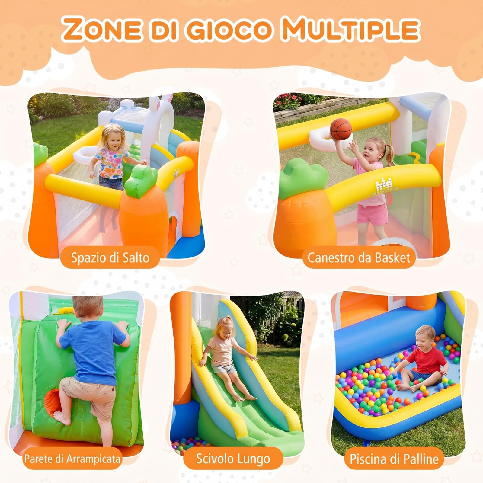 COSTWAY Castello Gonfiabile per Bambini, Casa Gonfiabile per Interno ed Esterno con Trampolino, Scivolo, Piscina con 50 Palline, Parete da Arrampicata e Canestro, per 3-12 Anni (Senza Soffiatore)