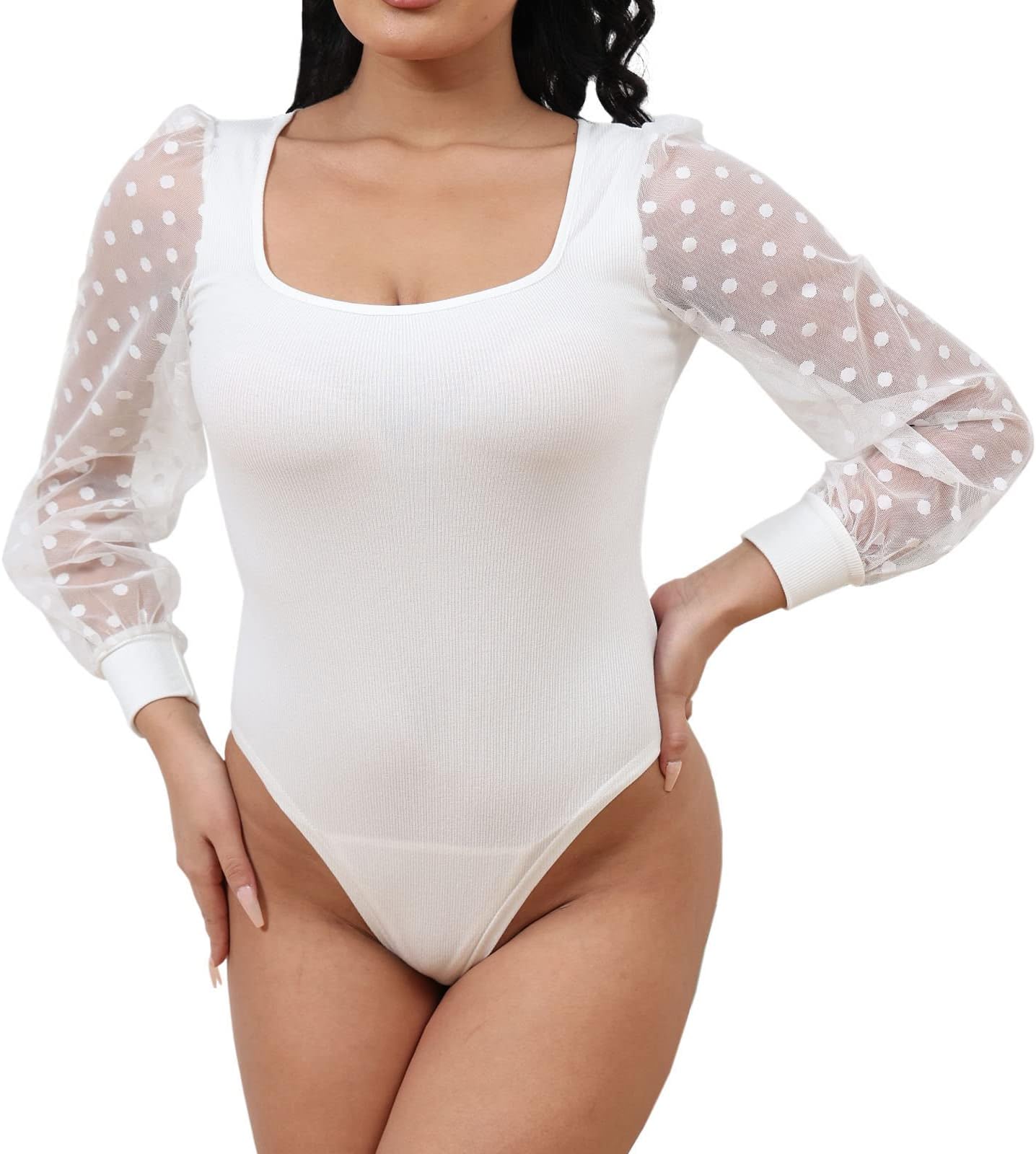 Womens Bodysuit Turtle Neck Polka Dot Sheer Mesh Long Sleeve Ribbed Bodysuits Jumpsuit