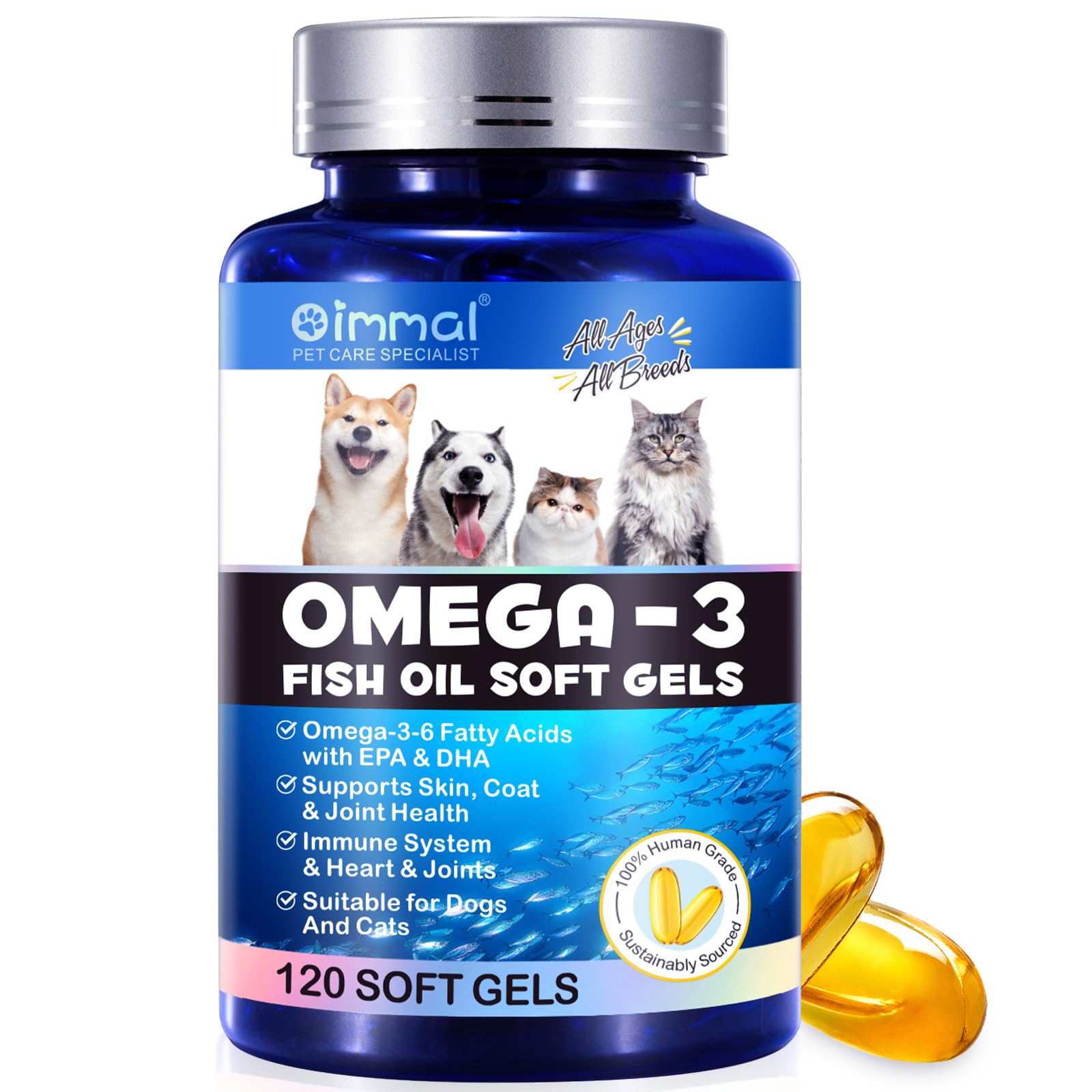 Pets Wild Alaskan Salmon Oil For Dogs, Cats, Dog Supplement Supports Dog Skin And Coat, rich in Omega-3-6 and in EPA and DHA, Food Supplements for Itchy Skin, Coat, Joint Care（120 SOFT GEL）…