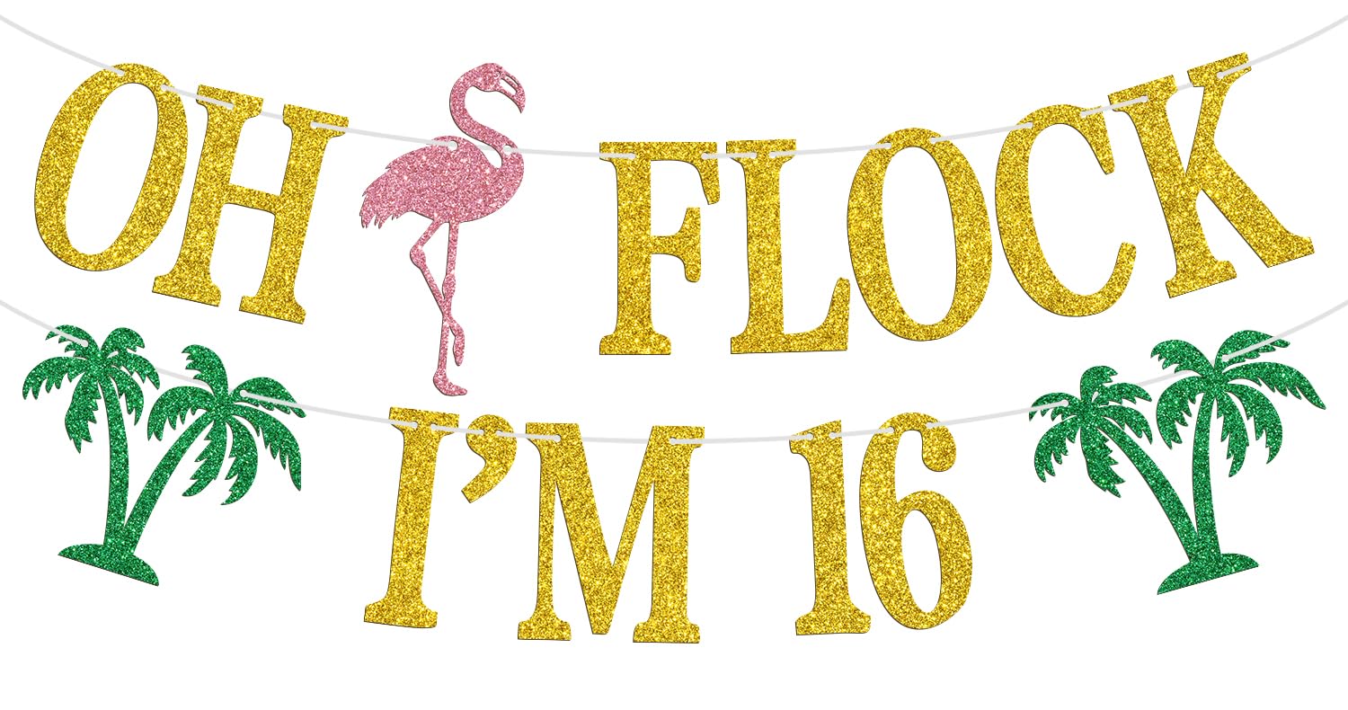 Oh Flock I'm 16 Banner, Glitter Happy 16th Birthday Anniversary Party Decorations, Pineapple Party Decor, Hawaiian Luau Tropical Aloha 16 Theme Party Photo Props