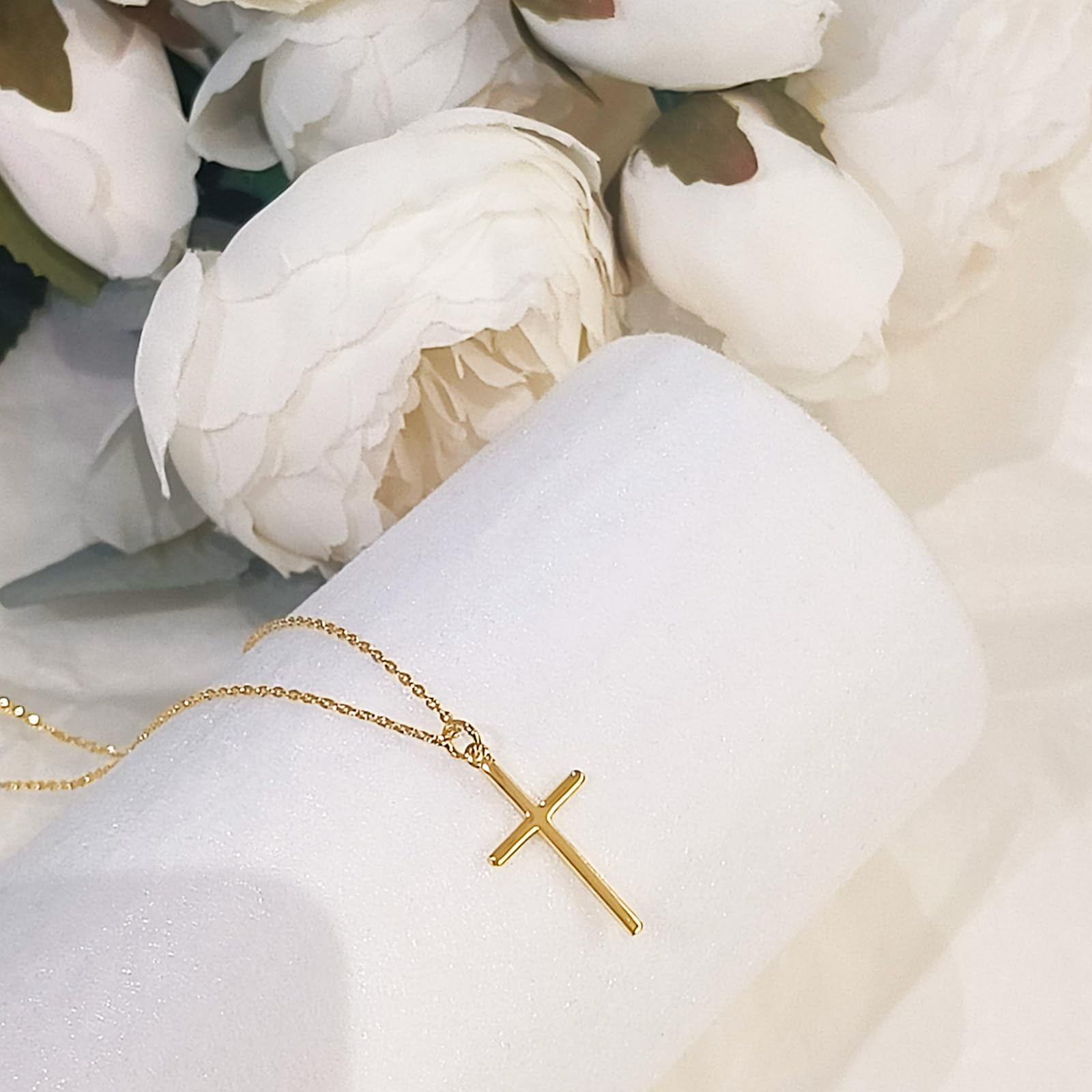 Collar de cruz chapado en oro de 14 quilates, plata de ley para mujer, delicado, pequeño, simple, pequeño, clásico, doble circonita, juego de perlas, collar con colgante de cruz, regalo de 6