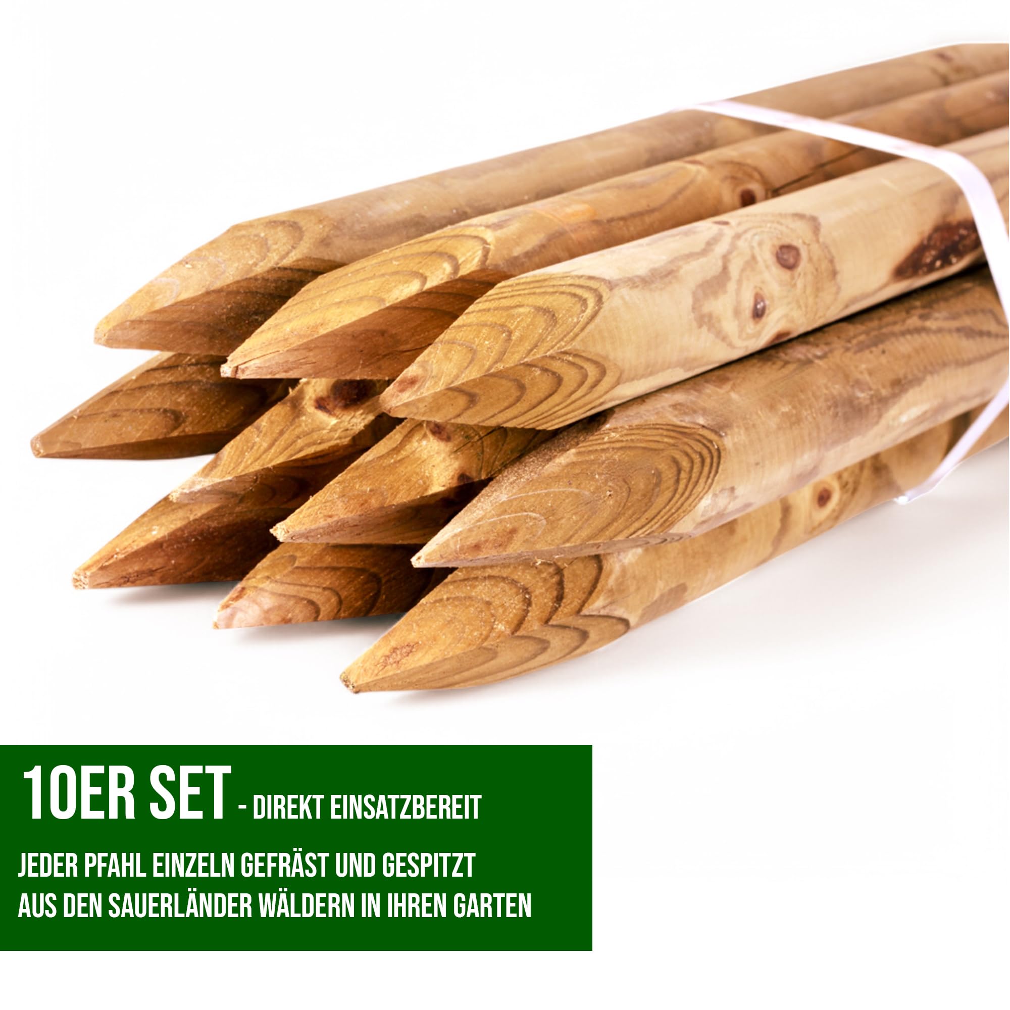 10 Stück Zaunpfähle Holz Ø 4 cm – KDI Grün imprägnierte Rundpfähle aus Sauerländer Holz – angespitzte Baumpfähle in verschiedenen Längen für Garten, Weide & Landschaftsbau (125 cm Länge)