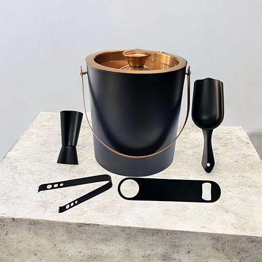 Nooks Ice Bucket Set with Tongs and Tools, Black/Gold