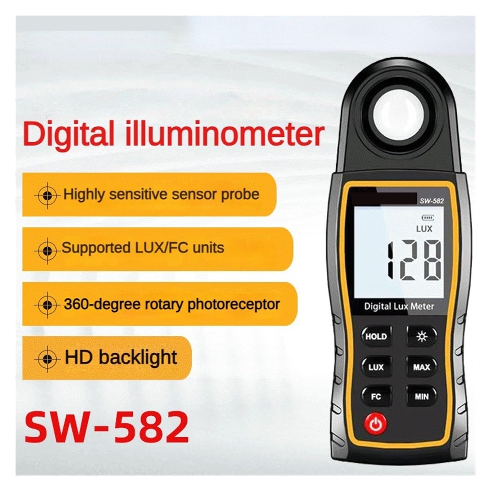 Medidor De Lux Digital SW-582 Luz 199.900 Sensor Giratorio Lux/FC Iluminómetro Alta Precisión Fotómetro Probador Amplio Rango, Alta PrecisióN