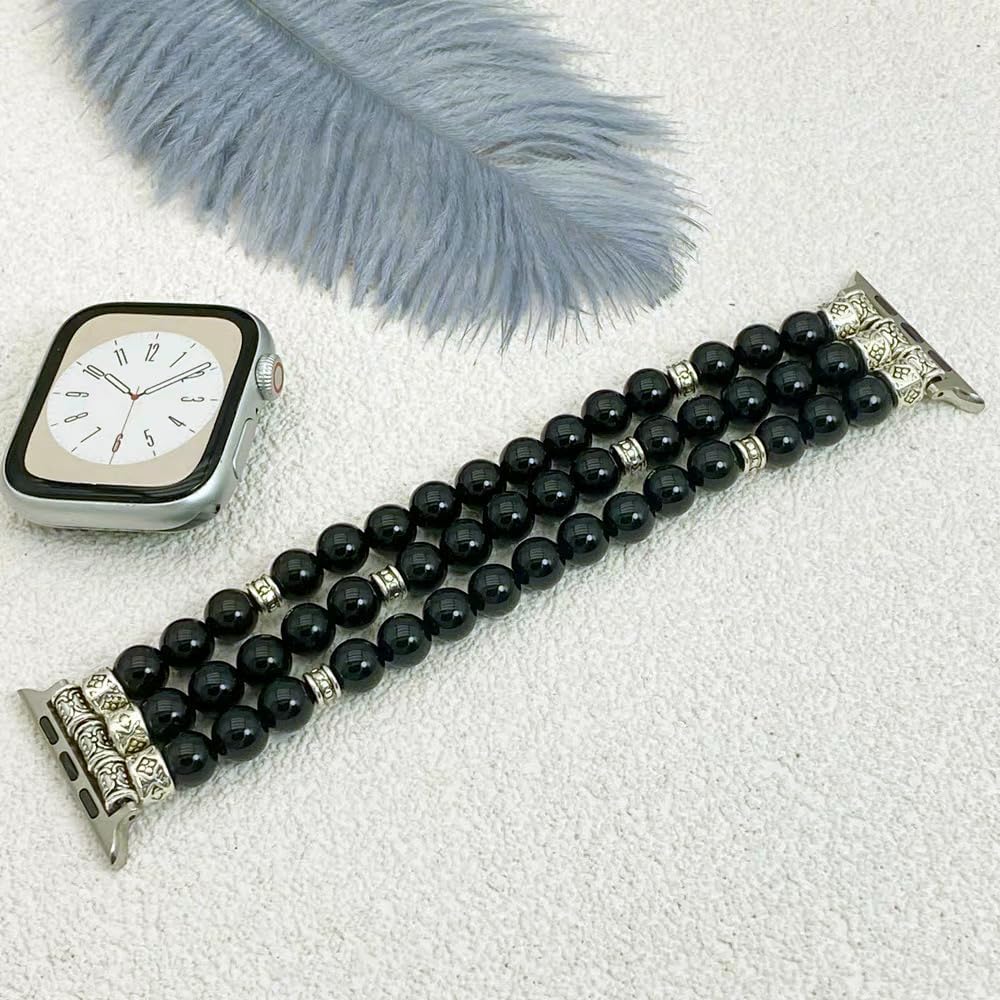 Black Agate Bracelet Compatible for Apple Watch Band 40mm/38mm/41mm Series 9 8 7 SE Series 6/5/4 Women Fashion Natural Gemstone Handmade Stretchy Watch Strap (38mm/40mm/41mm) - Image 3