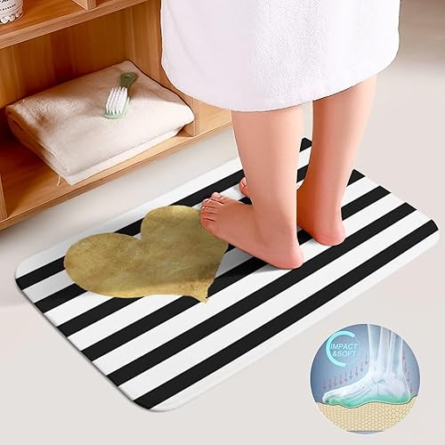 Miniatura 4 de Juego de alfombras de baño de 3 piezas, ultra suaves y antideslizantes, a rayas blancas y negras con corazón dorado, alfombra de baño absorbente con