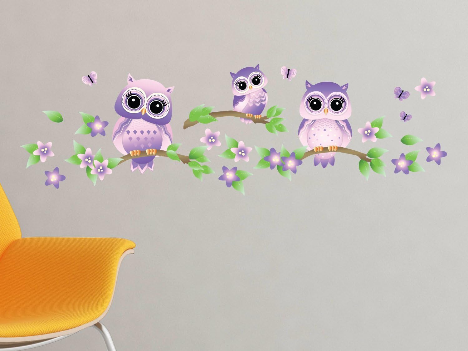 Owls on Branches Fabric Wall Decal - Pink - Set of 3 Owls on Tree Branches with Flowers and Butterflies - 4 Color Options - Non-Toxic, Reusable, Repositionable